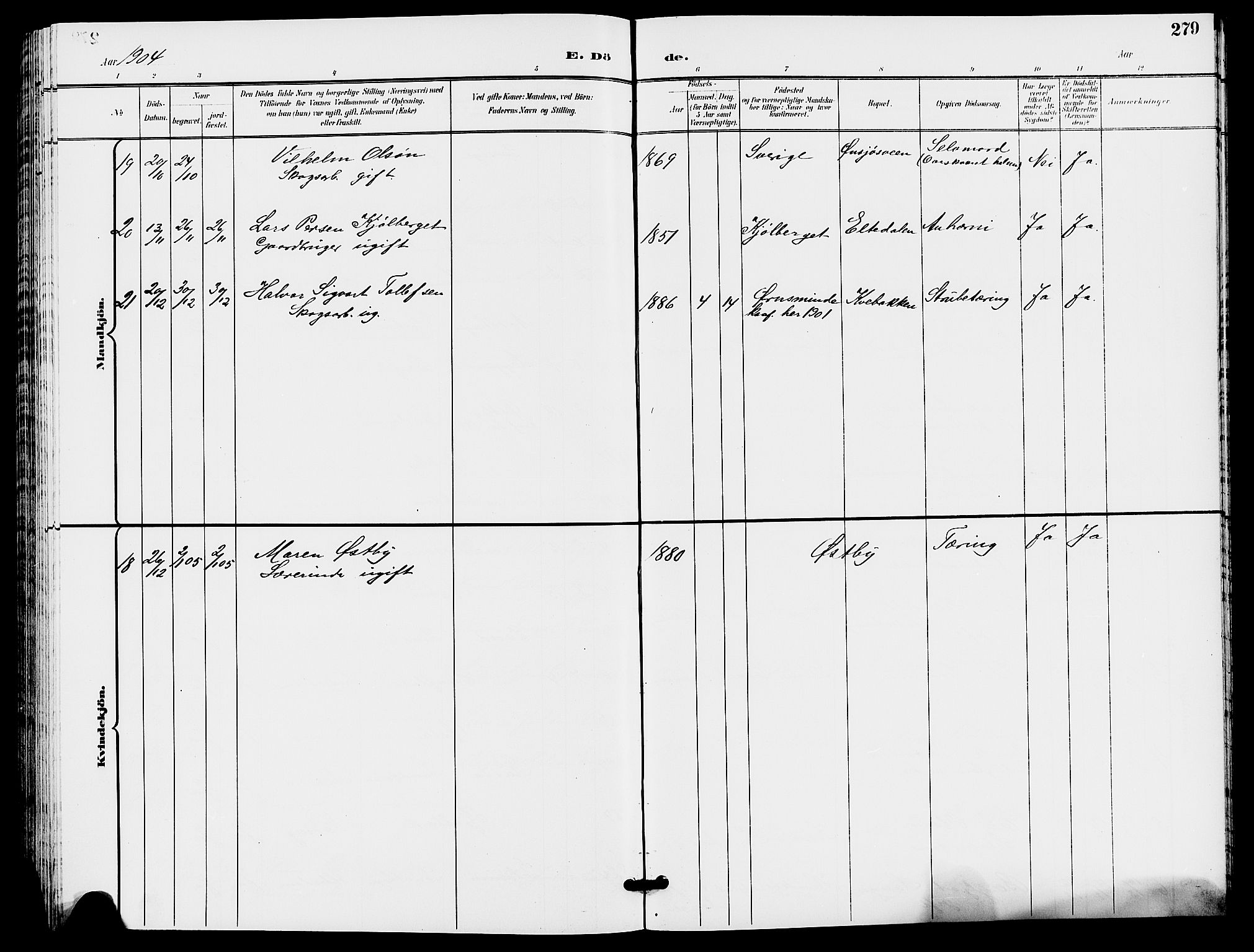 Trysil prestekontor, AV/SAH-PREST-046/H/Ha/Hab/L0006: Klokkerbok nr. 6, 1896-1912, s. 279