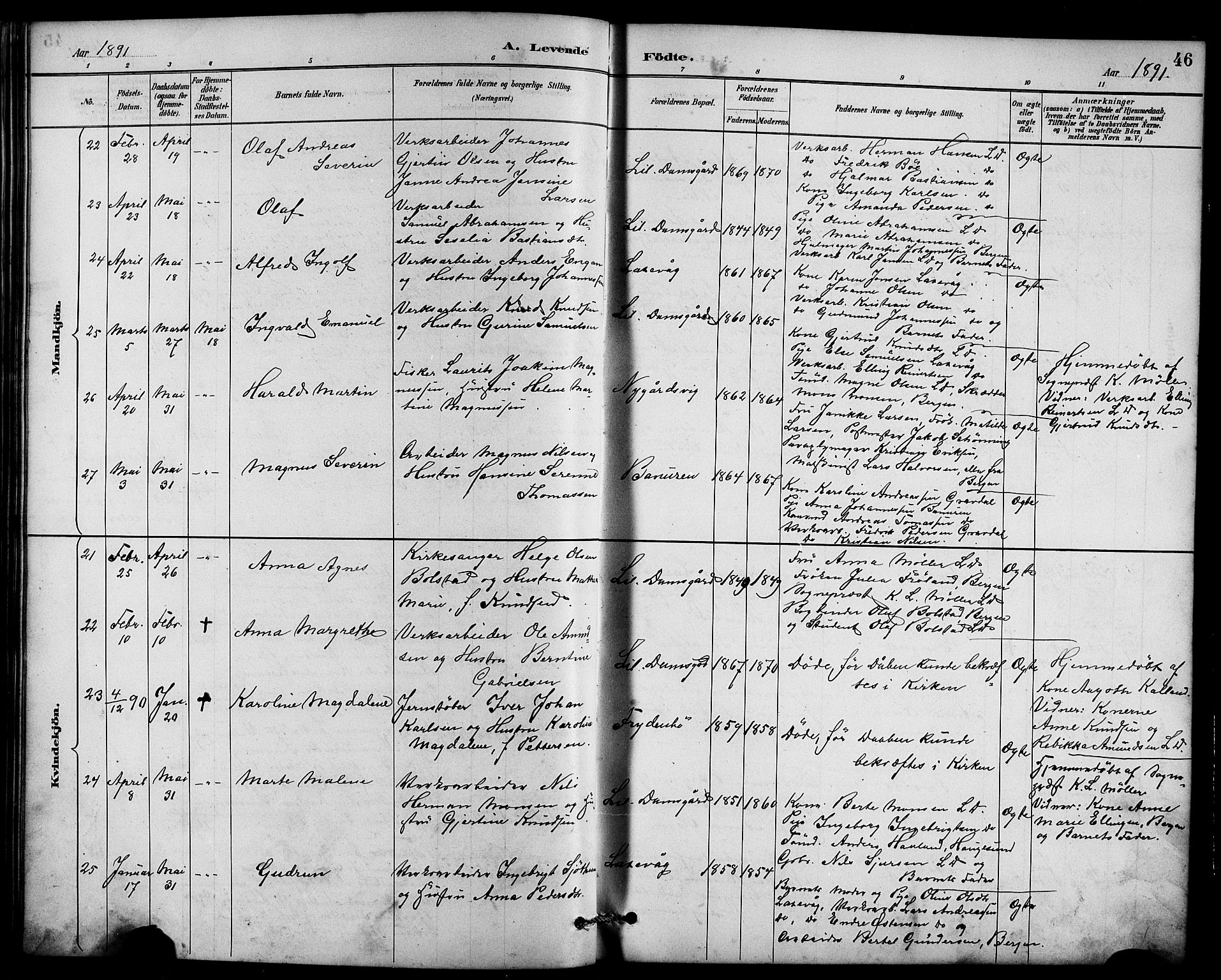 Laksevåg Sokneprestembete, AV/SAB-A-76501/H/Ha/Hab/Haba/L0003: Klokkerbok nr. A 3, 1887-1899, s. 46