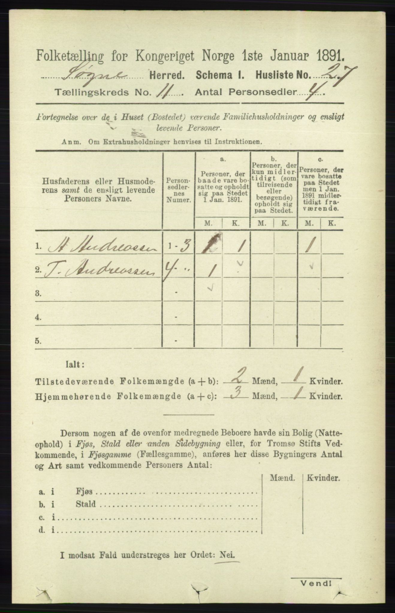 RA, Folketelling 1891 for 1018 Søgne herred, 1891, s. 2916