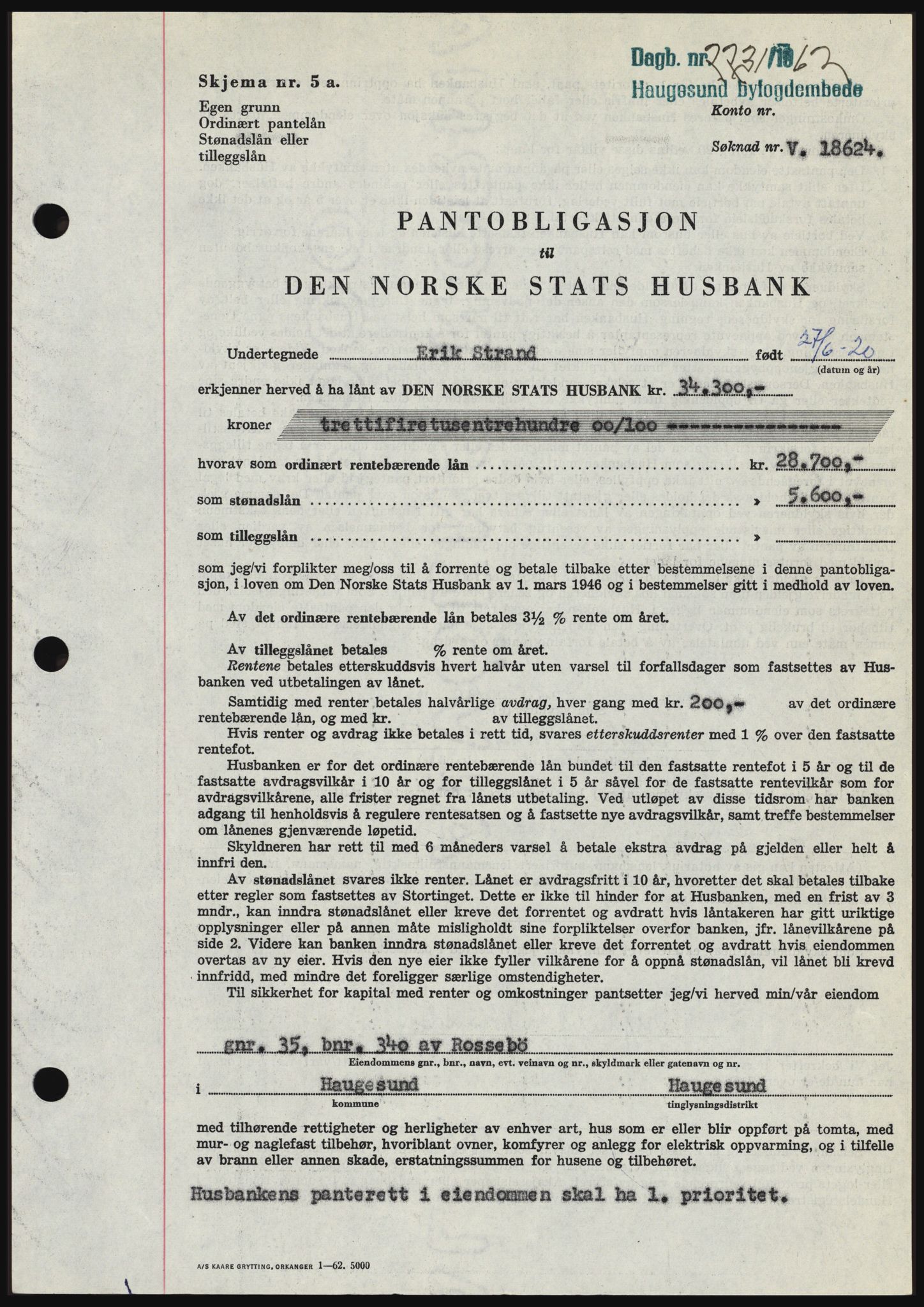 Haugesund tingrett, SAST/A-101415/01/II/IIC/L0049: Pantebok nr. B 49, 1962-1962, Dagboknr: 2231/1962