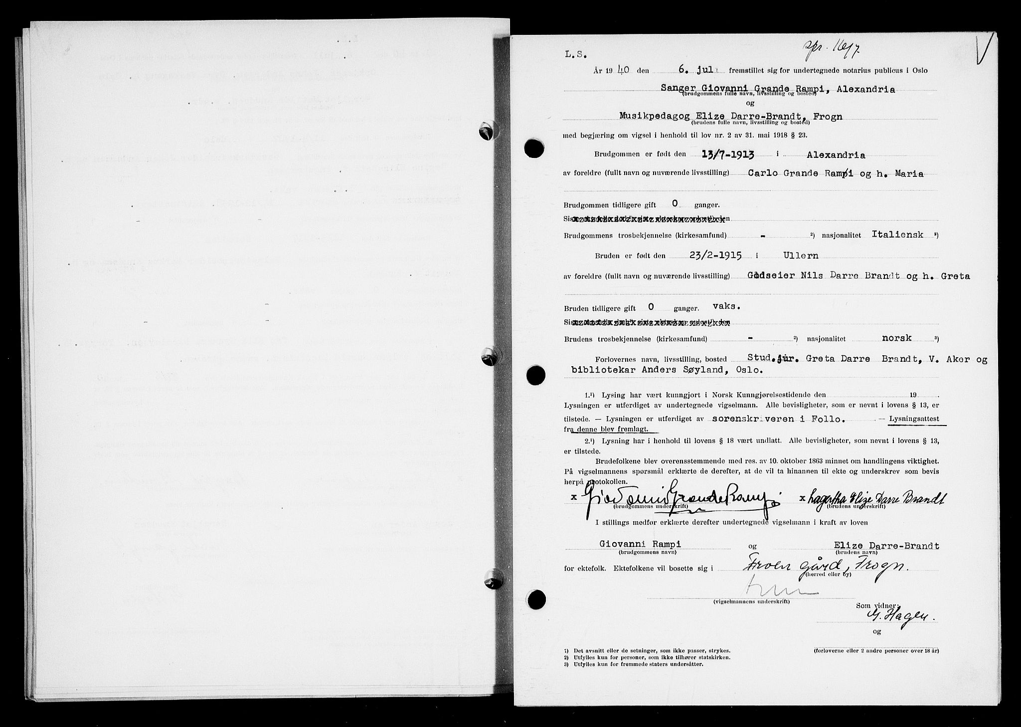 Oslo byfogd avd. I, AV/SAO-A-10220/L/Lb/Lbb/L0035: Notarialprotokoll, rekke II: Vigsler, 1940