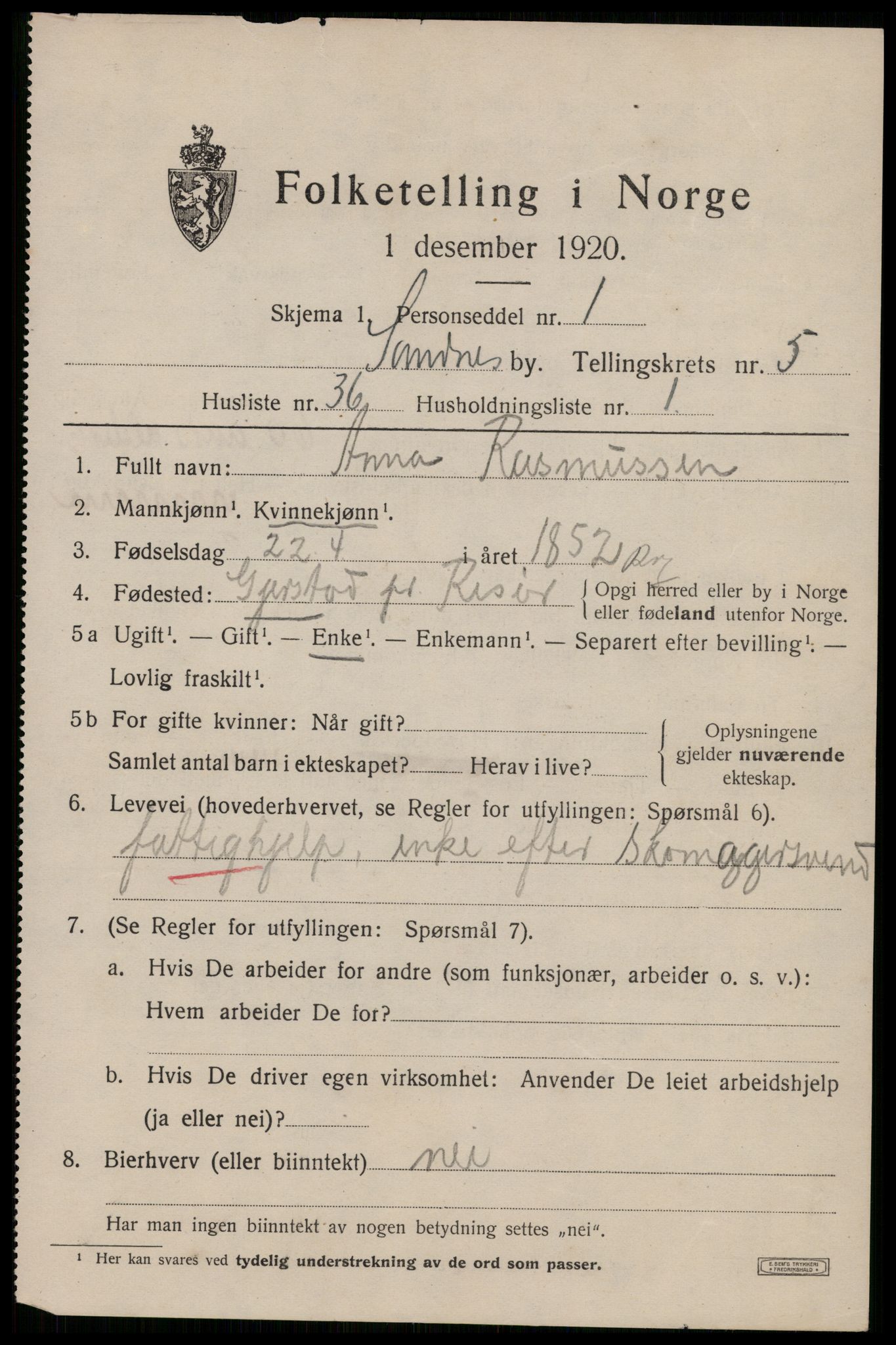 SAST, Folketelling 1920 for 1102 Sandnes ladested, 1920, s. 5128