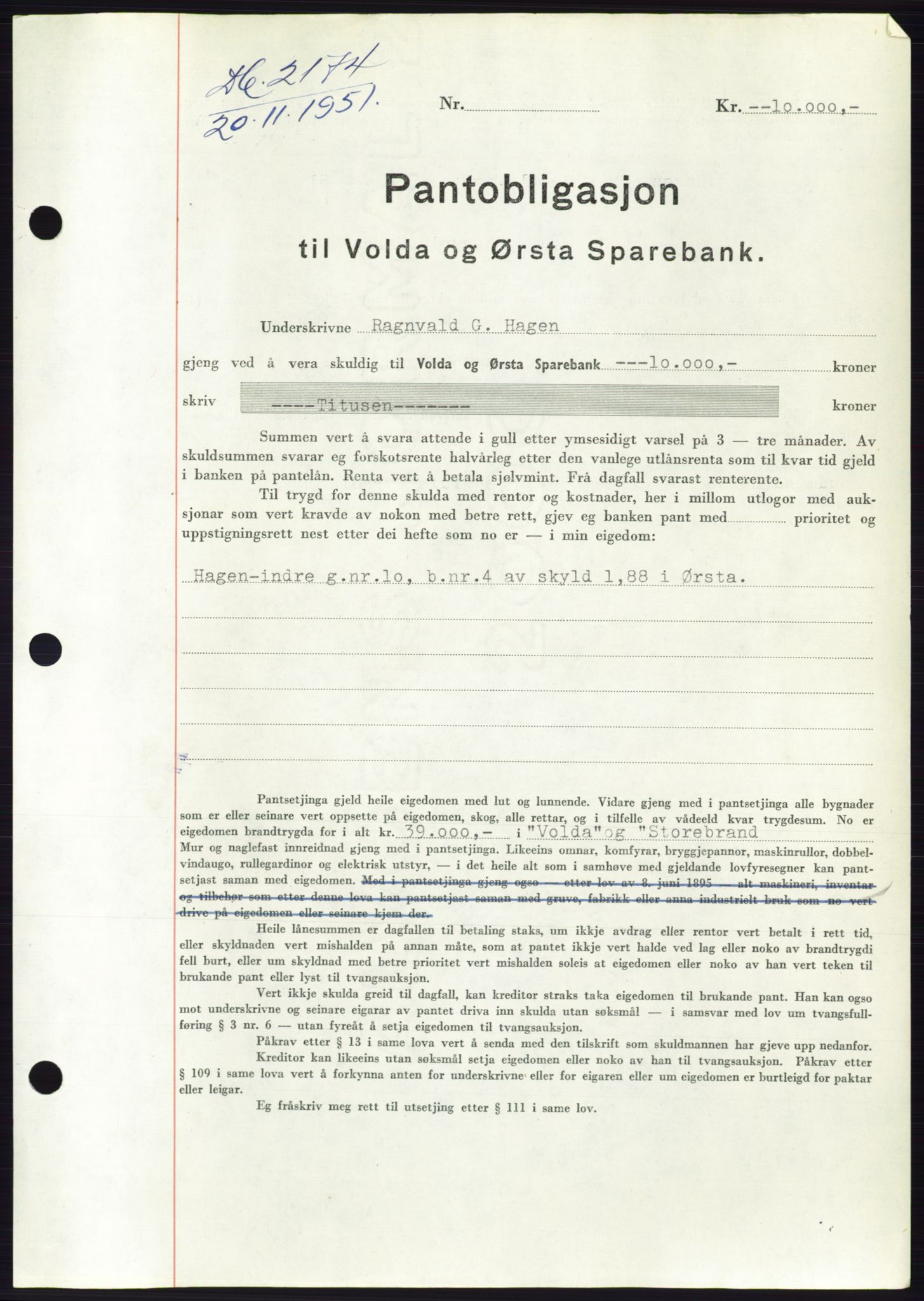 Søre Sunnmøre sorenskriveri, SAT/A-4122/1/2/2C/L0120: Pantebok nr. 8B, 1951-1951, Dagboknr: 2174/1951