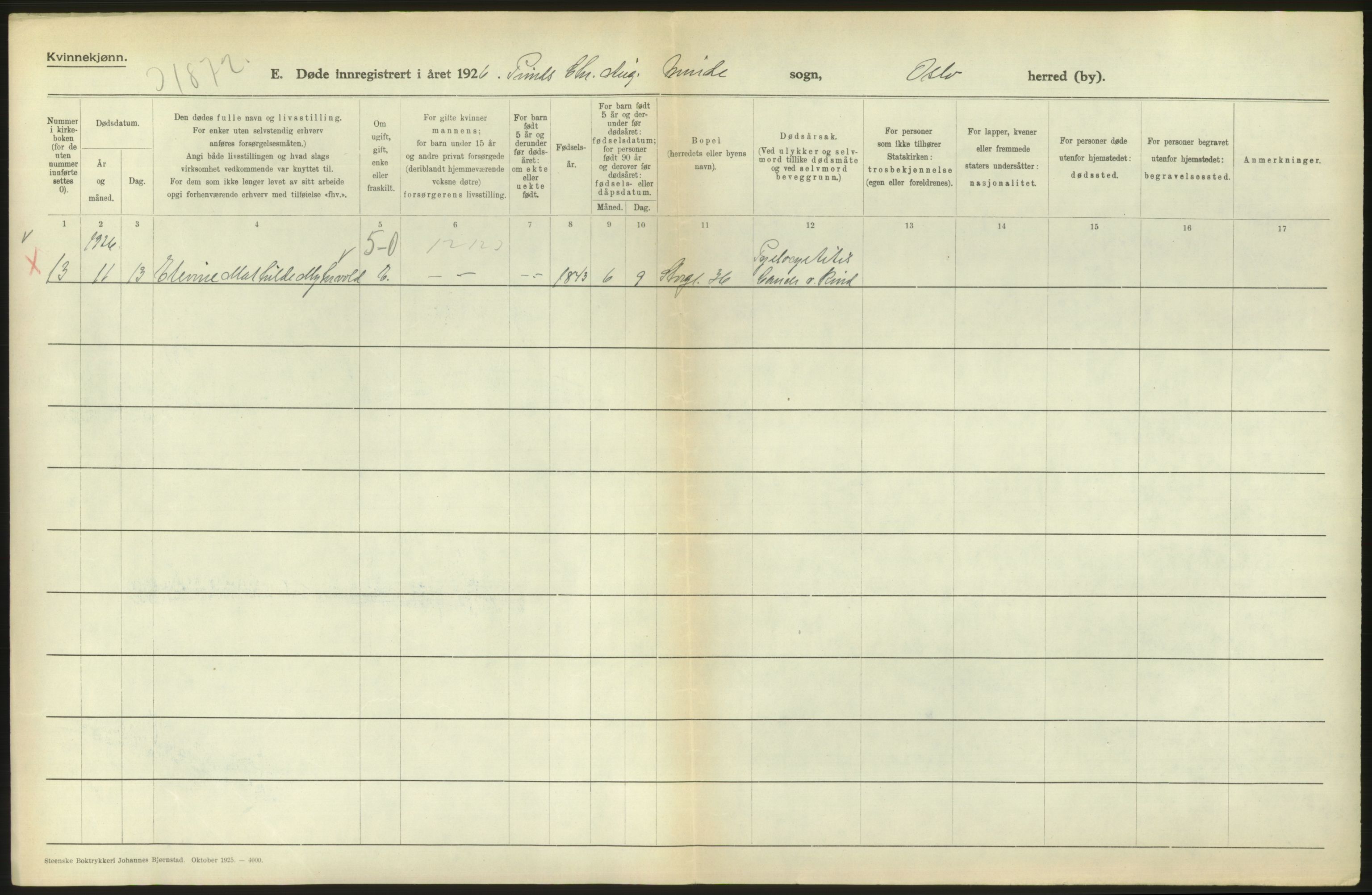 Statistisk sentralbyrå, Sosiodemografiske emner, Befolkning, AV/RA-S-2228/D/Df/Dfc/Dfcf/L0010: Oslo: Døde kvinner, dødfødte, 1926, s. 624