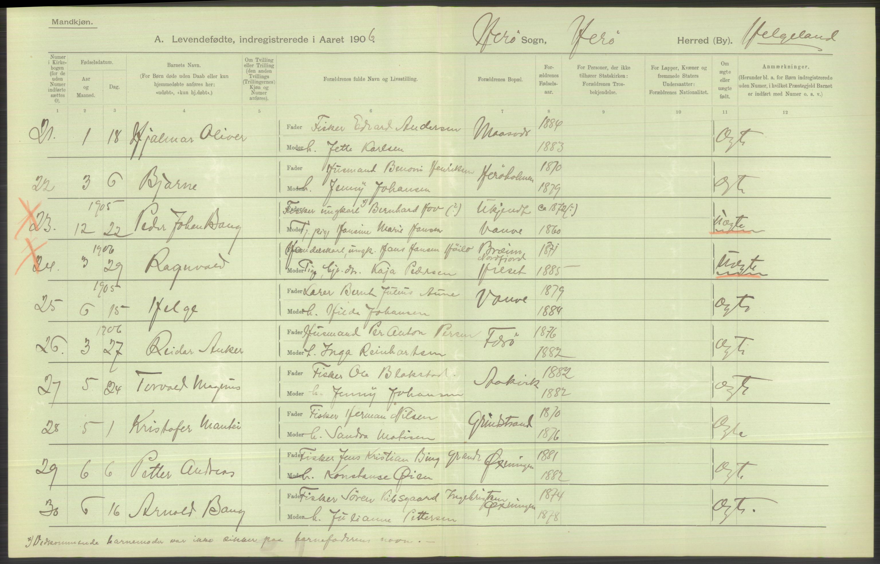 Statistisk sentralbyrå, Sosiodemografiske emner, Befolkning, AV/RA-S-2228/D/Df/Dfa/Dfad/L0043: Nordlands amt: Levendefødte menn og kvinner. Bygder., 1906, s. 100