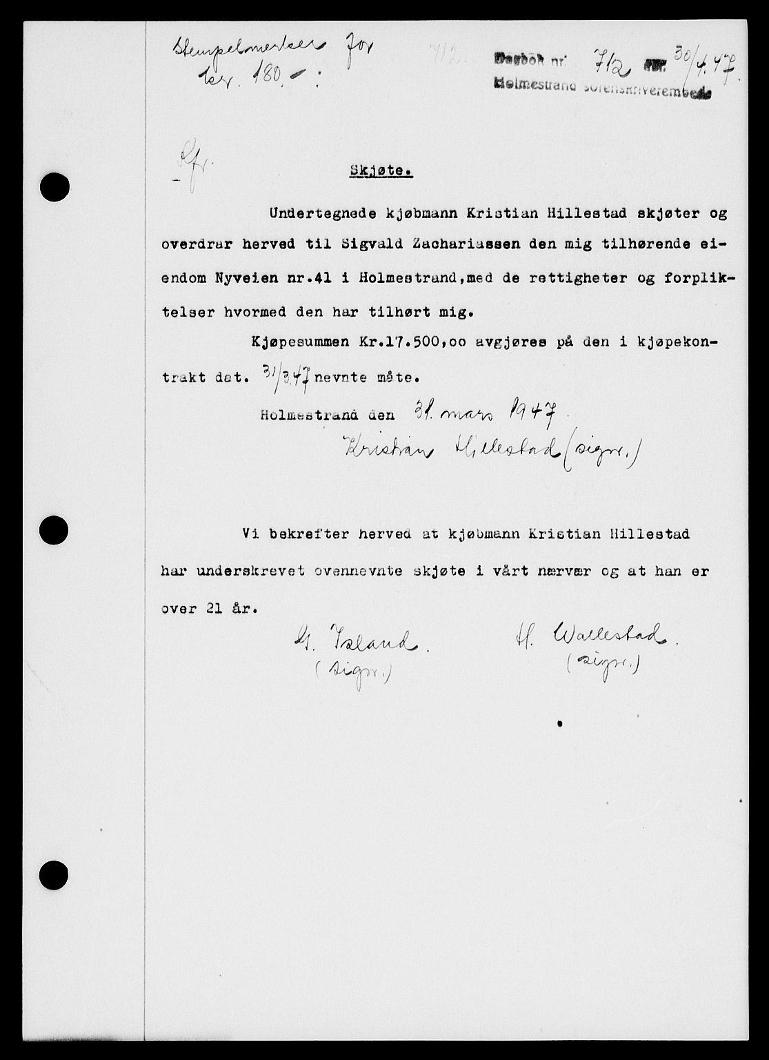 Holmestrand sorenskriveri, SAKO/A-67/G/Ga/Gaa/L0062: Pantebok nr. A-62, 1947-1947, Dagboknr: 712/1947