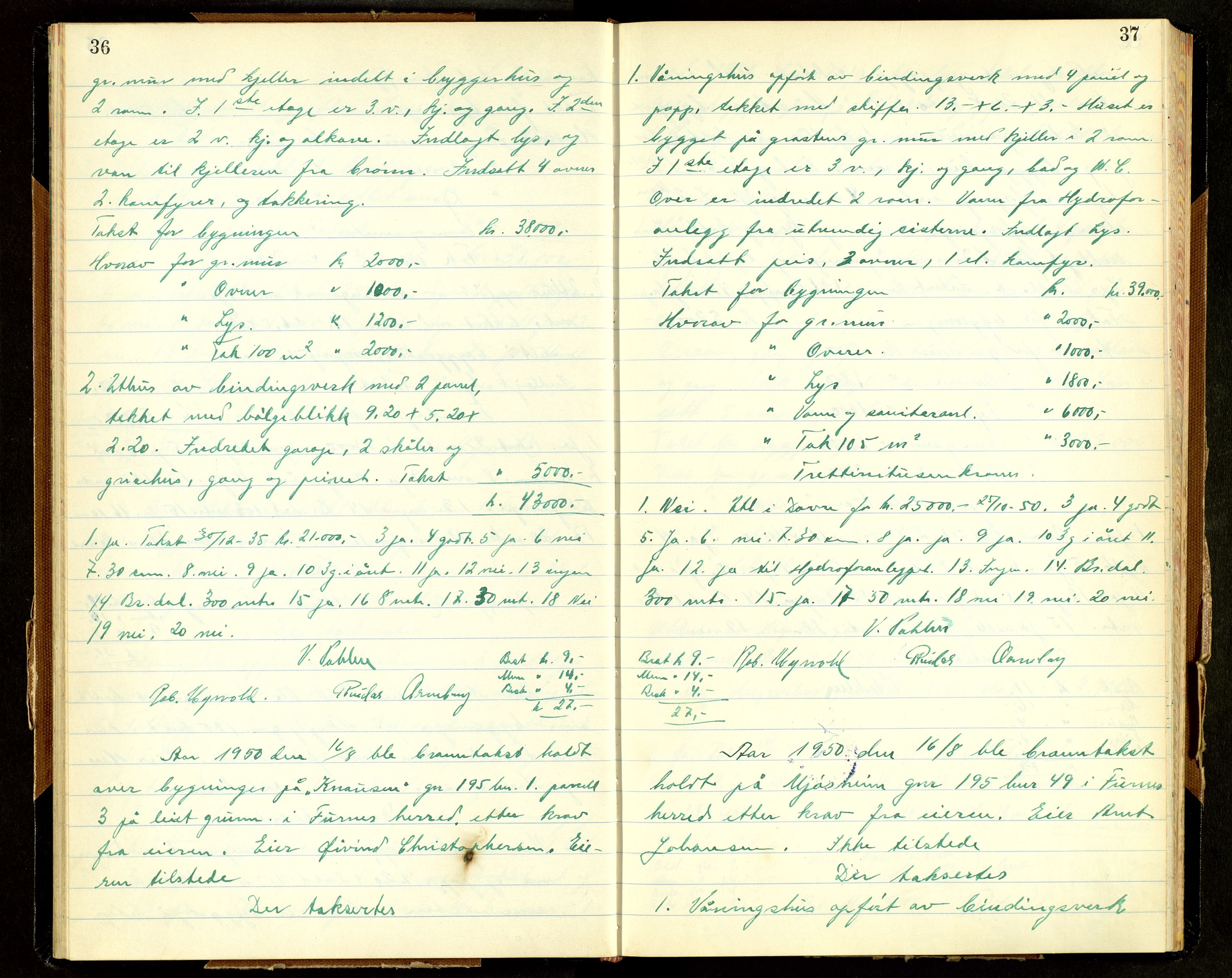 Norges Brannkasse, Furnes, AV/SAH-NBRANF-004/F/L0005: Branntakstprotokoll, 1950-1958, s. 36-37