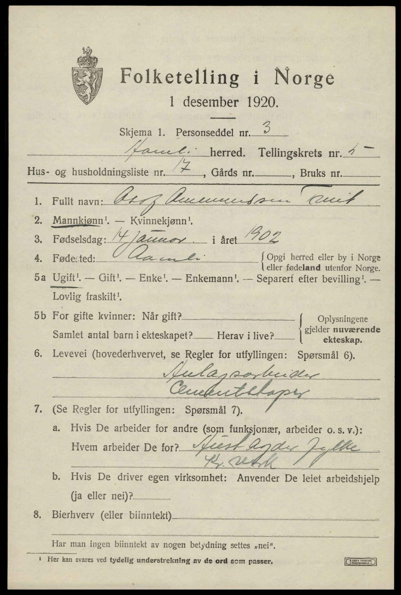 SAK, Folketelling 1920 for 0929 Åmli herred, 1920, s. 2485