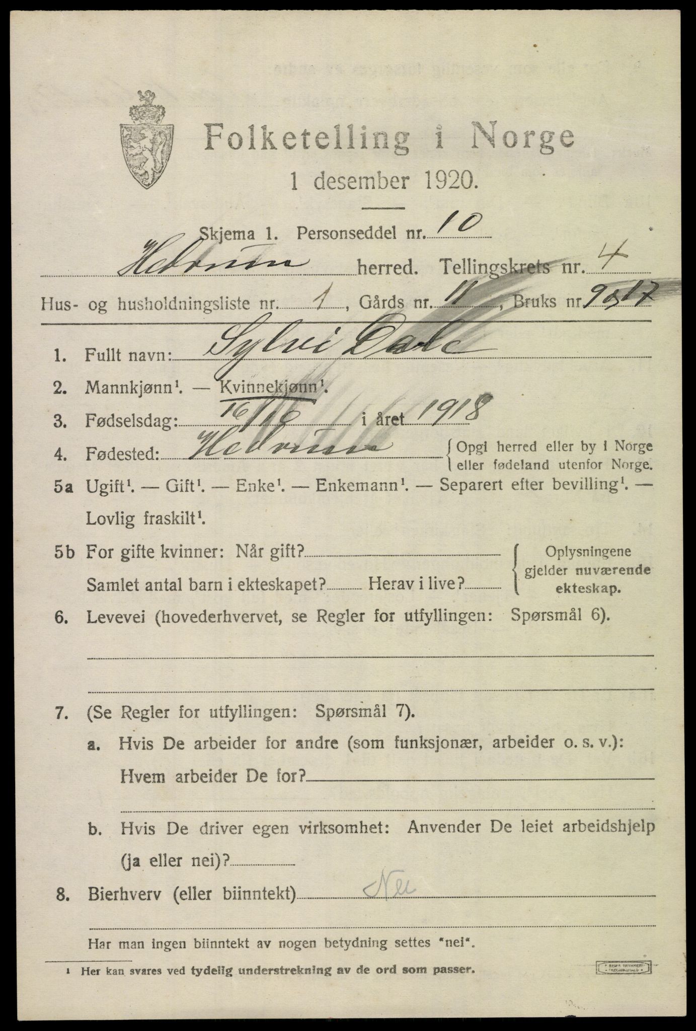 SAKO, Folketelling 1920 for 0727 Hedrum herred, 1920, s. 4011