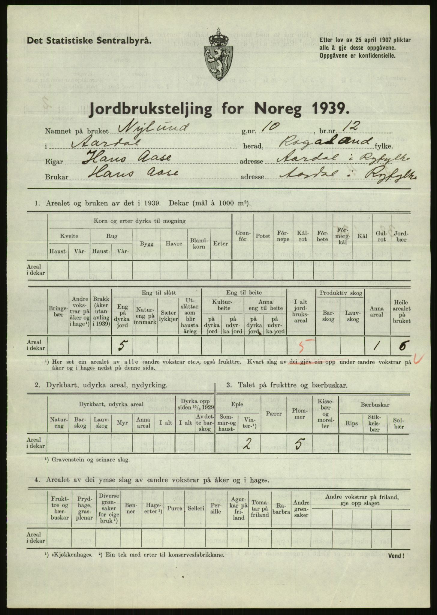 Statistisk sentralbyrå, Næringsøkonomiske emner, Jordbruk, skogbruk, jakt, fiske og fangst, AV/RA-S-2234/G/Gb/L0184: Rogaland: Årdal, Fister og Hjelmeland, 1939, s. 429