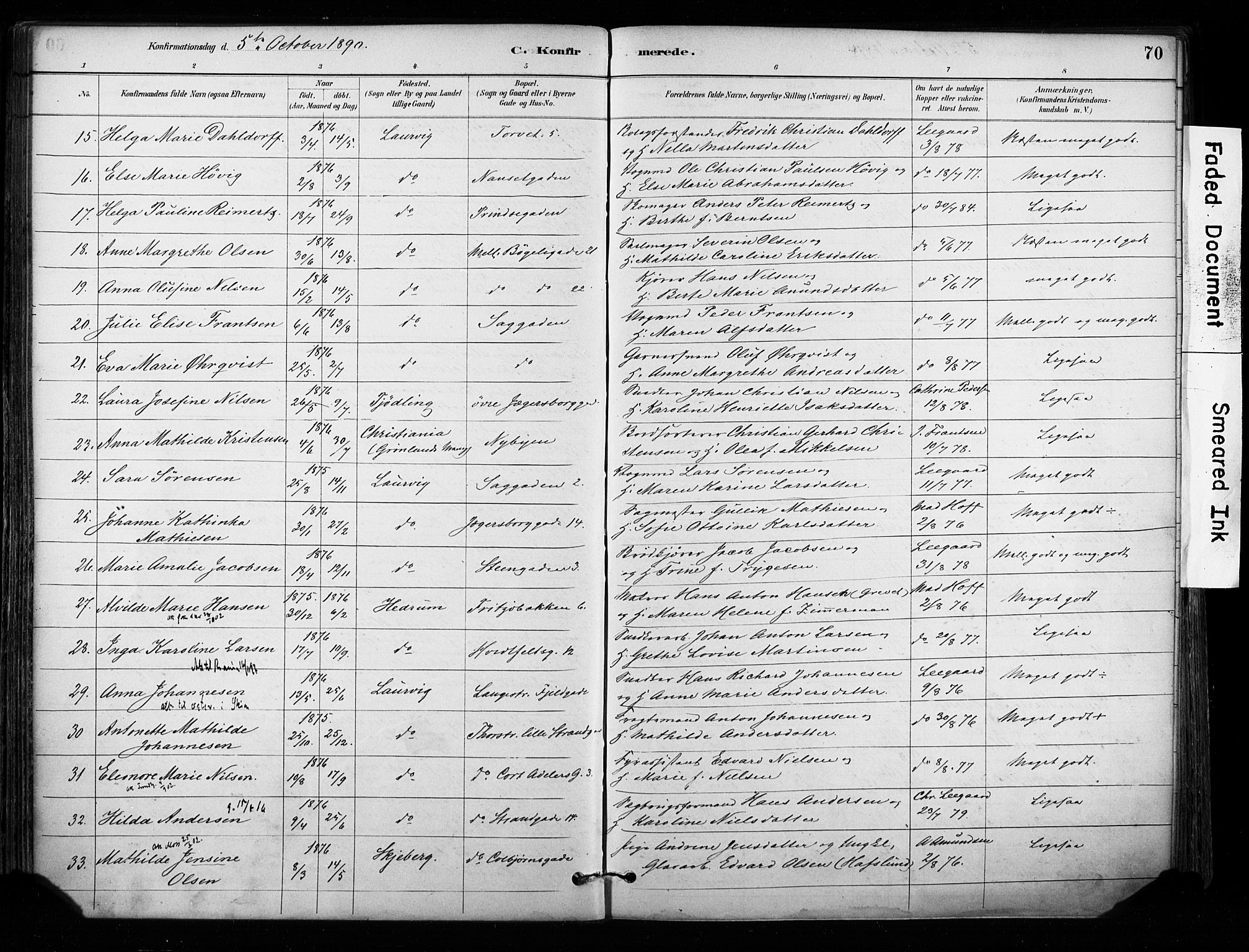 Larvik kirkebøker, AV/SAKO-A-352/F/Fa/L0008: Ministerialbok nr. I 8, 1884-1902, s. 70