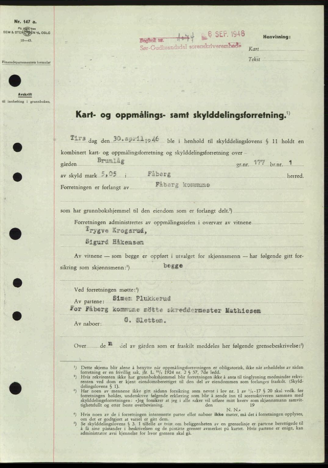 Sør-Gudbrandsdal tingrett, SAH/TING-004/H/Hb/Hbd/L0016: Pantebok nr. A16, 1946-1946, Dagboknr: 1074/1946