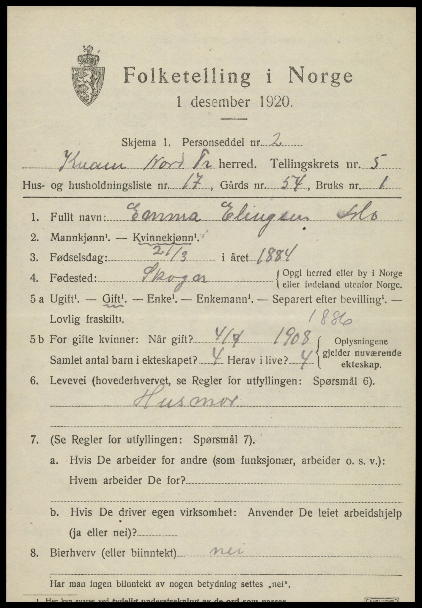 SAT, Folketelling 1920 for 1735 Kvam herred, 1920, s. 1567