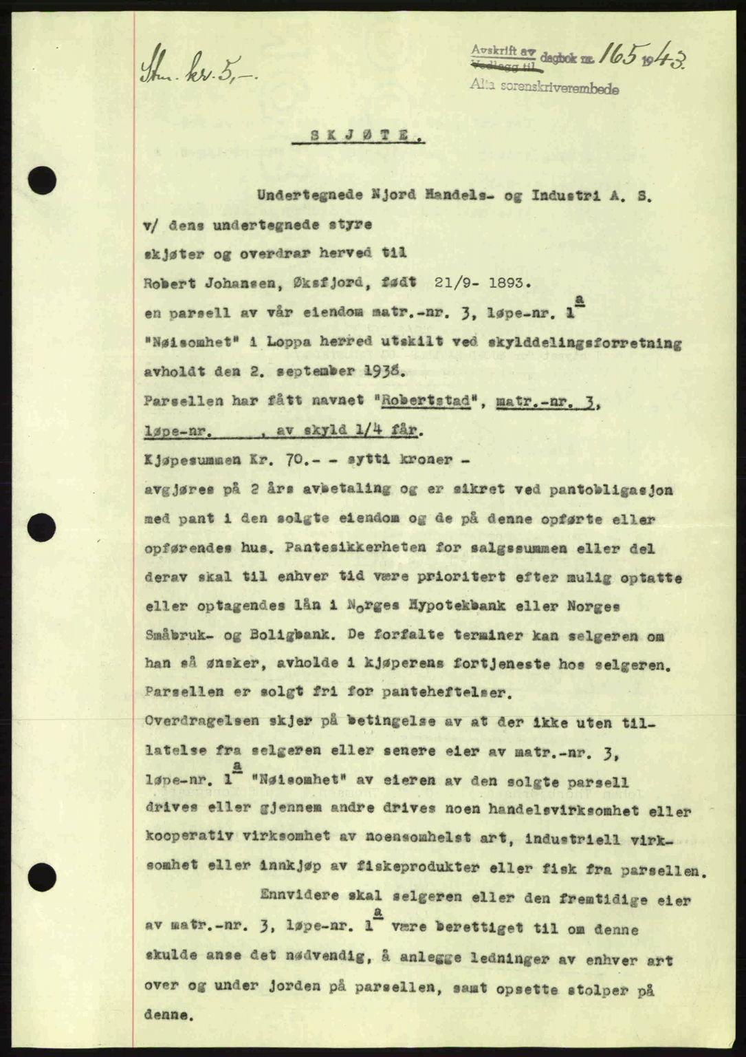 Alta fogderi/sorenskriveri, SATØ/SATØ-5/1/K/Kd/L0033pantebok: Pantebok nr. 33, 1940-1943, Dagboknr: 165/1943