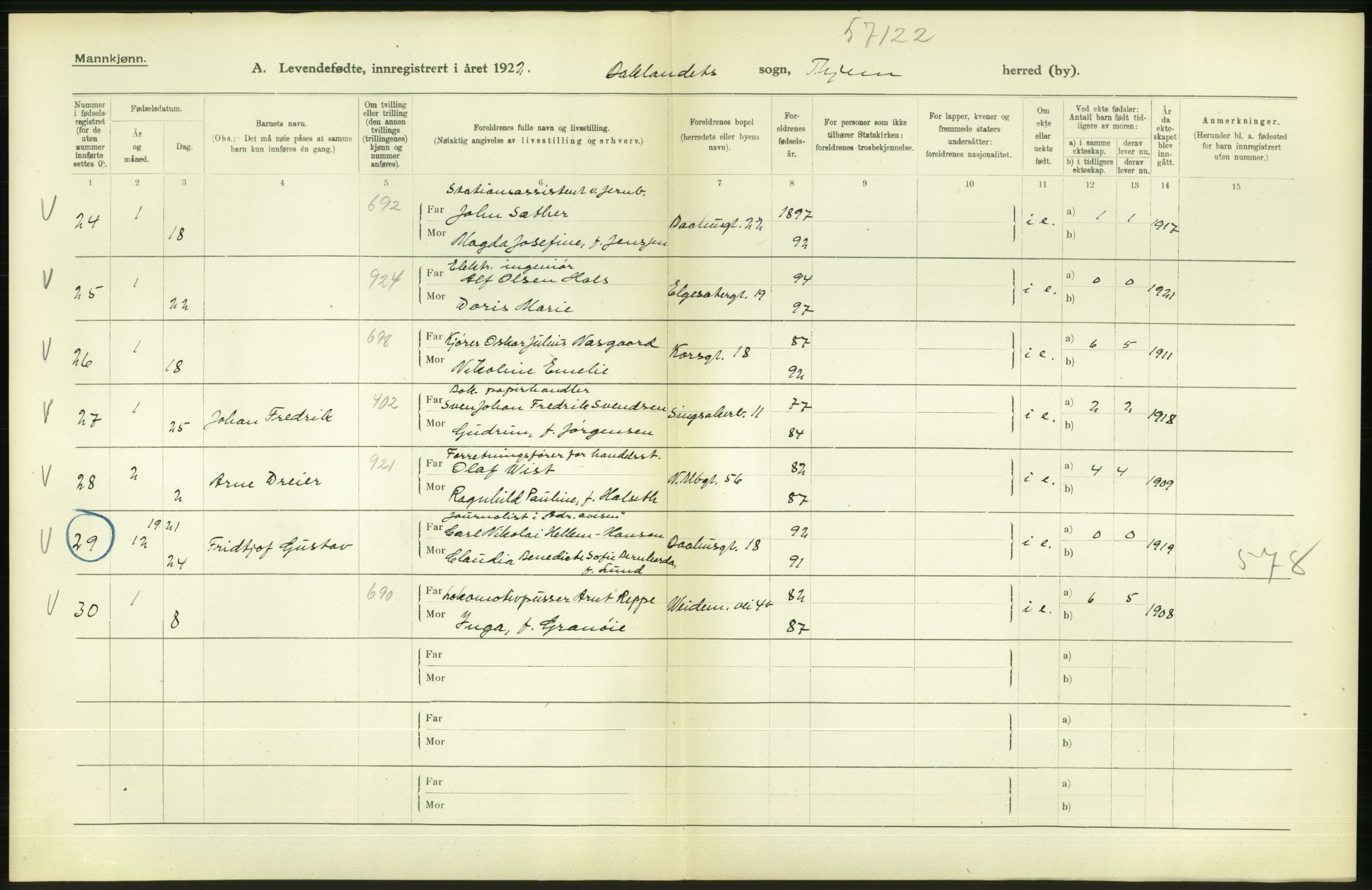 Statistisk sentralbyrå, Sosiodemografiske emner, Befolkning, AV/RA-S-2228/D/Df/Dfc/Dfcb/L0039: Trondheim: Levendefødte menn og kvinner., 1922, s. 34