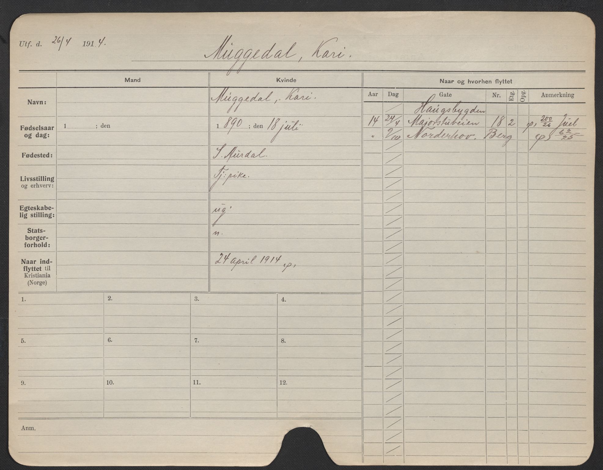 Oslo folkeregister, Registerkort, AV/SAO-A-11715/F/Fa/Fac/L0020: Kvinner, 1906-1914, s. 1092a