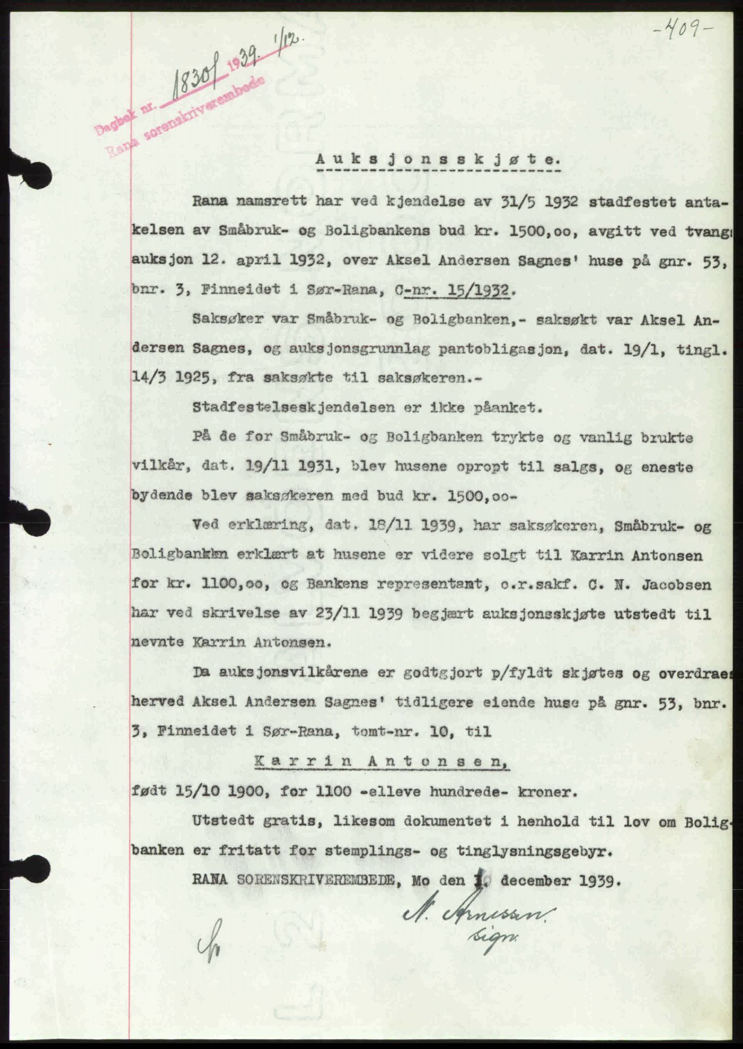 Rana sorenskriveri , SAT/A-1108/1/2/2C: Pantebok nr. A 6, 1939-1940, Dagboknr: 1830/1939