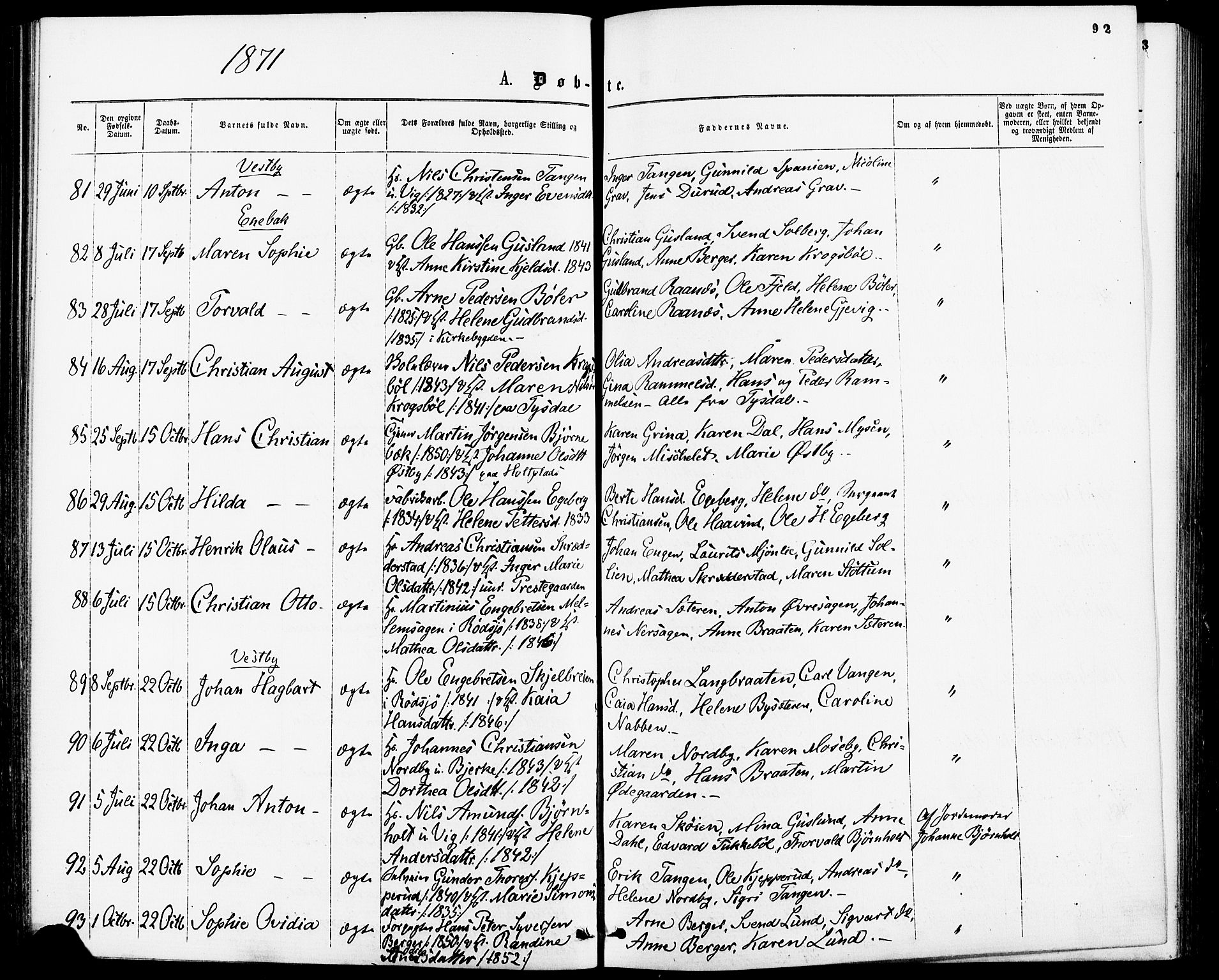 Enebakk prestekontor Kirkebøker, SAO/A-10171c/F/Fa/L0011: Ministerialbok nr. I 11, 1862-1882, s. 92
