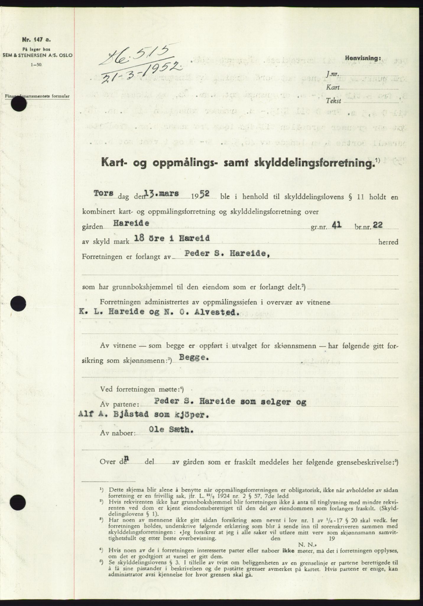 Søre Sunnmøre sorenskriveri, SAT/A-4122/1/2/2C/L0091: Pantebok nr. 17A, 1951-1952, Dagboknr: 515/1952