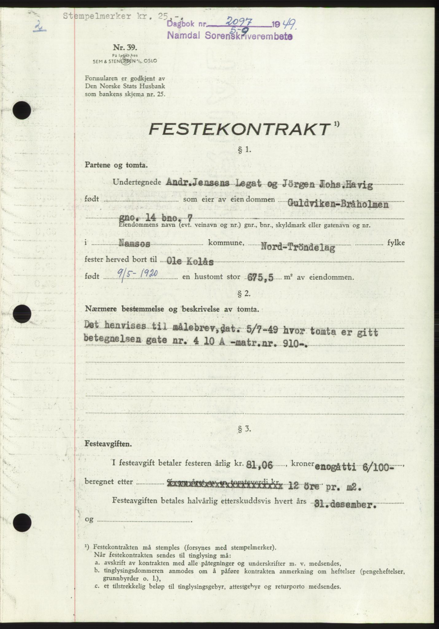 Namdal sorenskriveri, SAT/A-4133/1/2/2C: Pantebok nr. -, 1949-1949, Dagboknr: 2097/1949