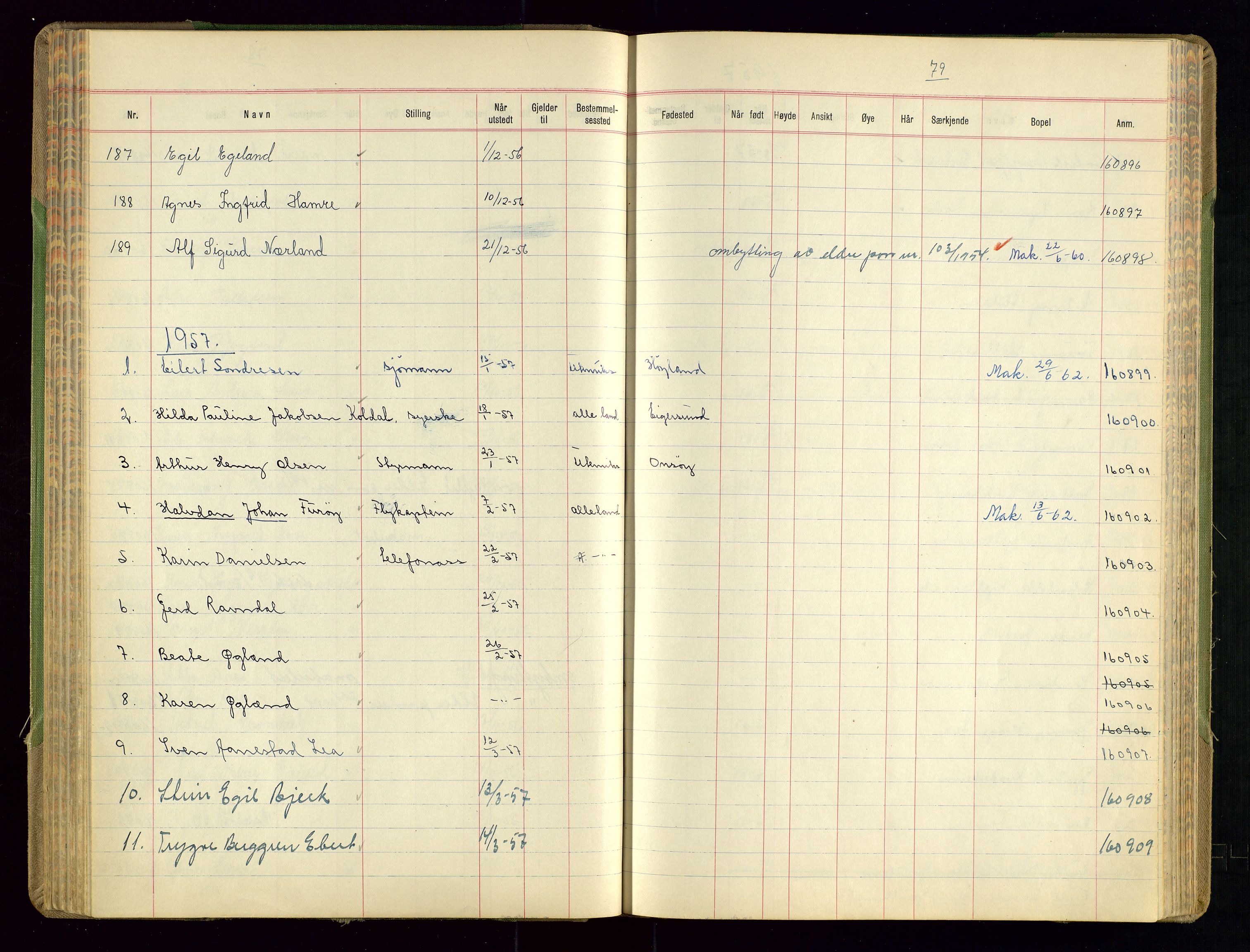 Sandnes politikammer, AV/SAST-A-100446/K/L0008: Passprotokoll, 1951-1962, s. 79
