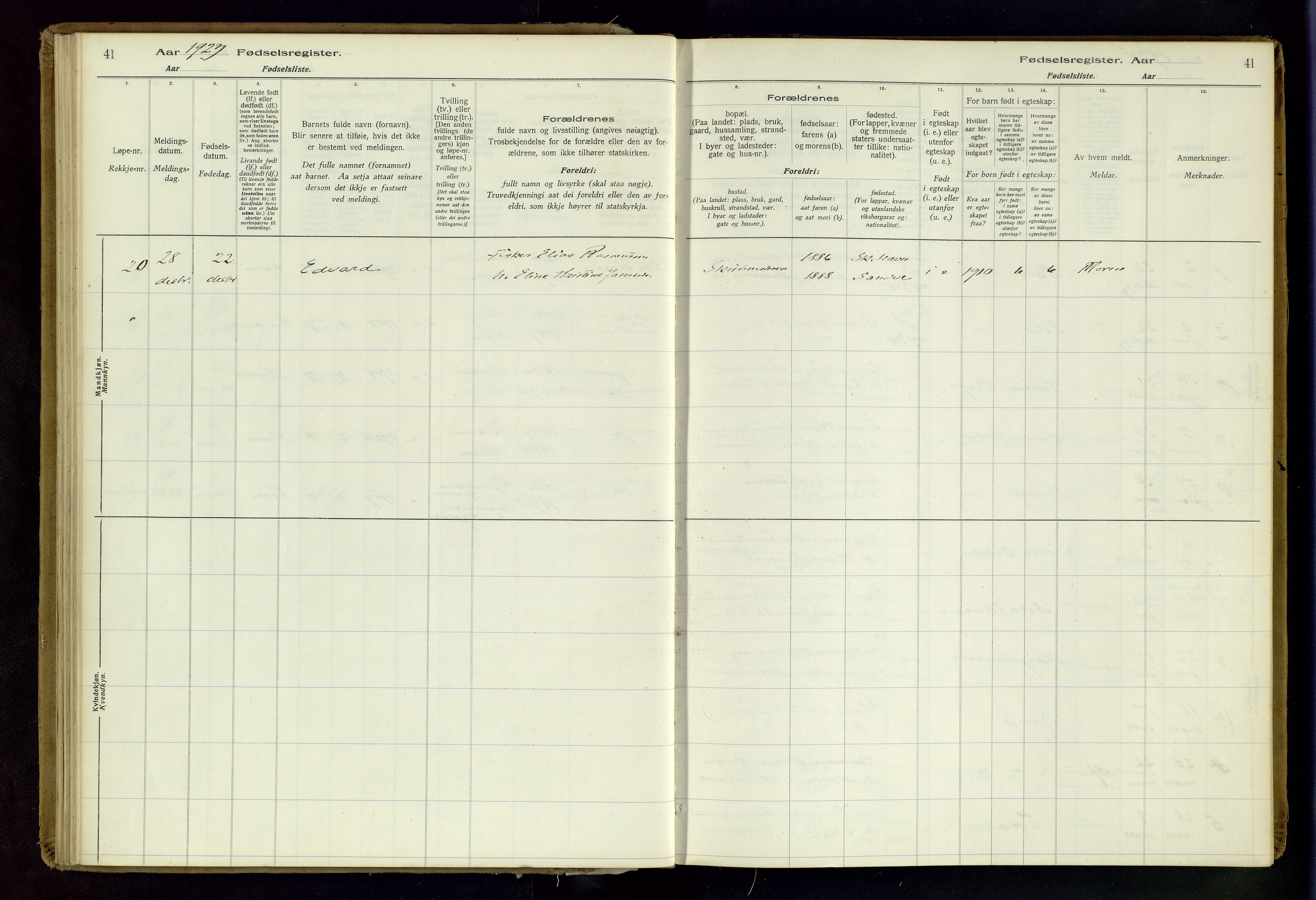 Skudenes sokneprestkontor, AV/SAST-A -101849/I/Id/L0003: Fødselsregister nr. 3, 1916-1964, s. 41