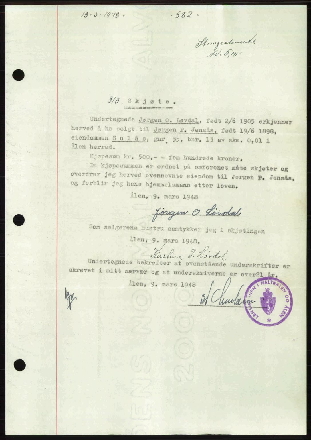 Gauldal sorenskriveri, SAT/A-0014/1/2/2C: Pantebok nr. A5, 1947-1948, Dagboknr: 313/1948