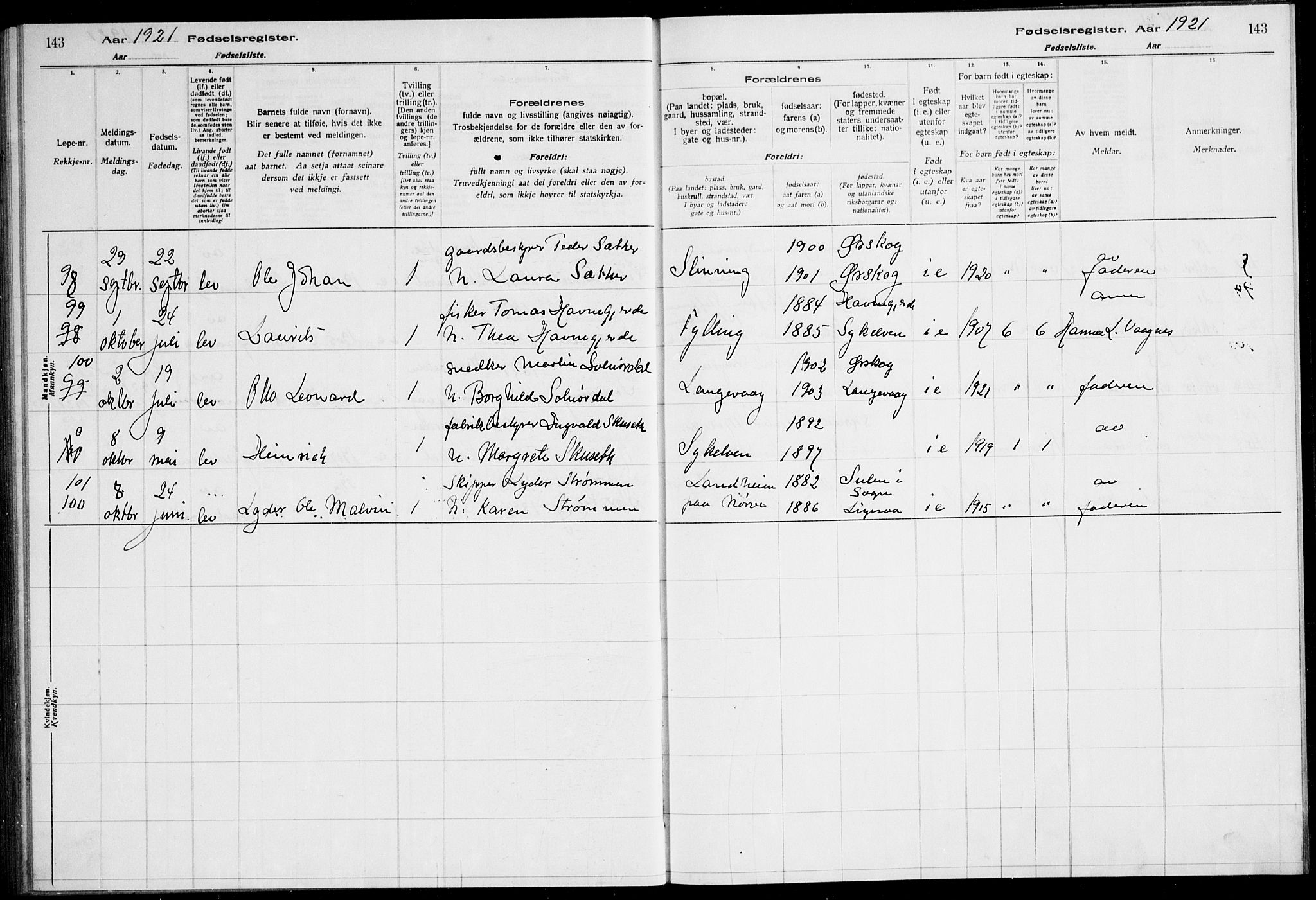Ministerialprotokoller, klokkerbøker og fødselsregistre - Møre og Romsdal, AV/SAT-A-1454/528/L0442: Fødselsregister nr. 528.II.4.1, 1916-1924, s. 143