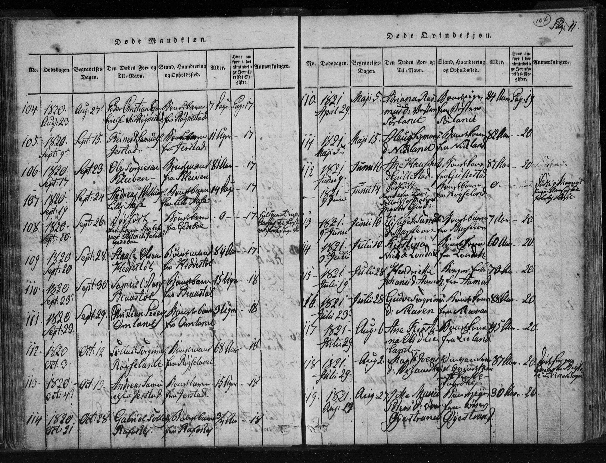 Kvinesdal sokneprestkontor, SAK/1111-0026/F/Fa/Fab/L0003: Ministerialbok nr. A 3, 1815-1829, s. 104