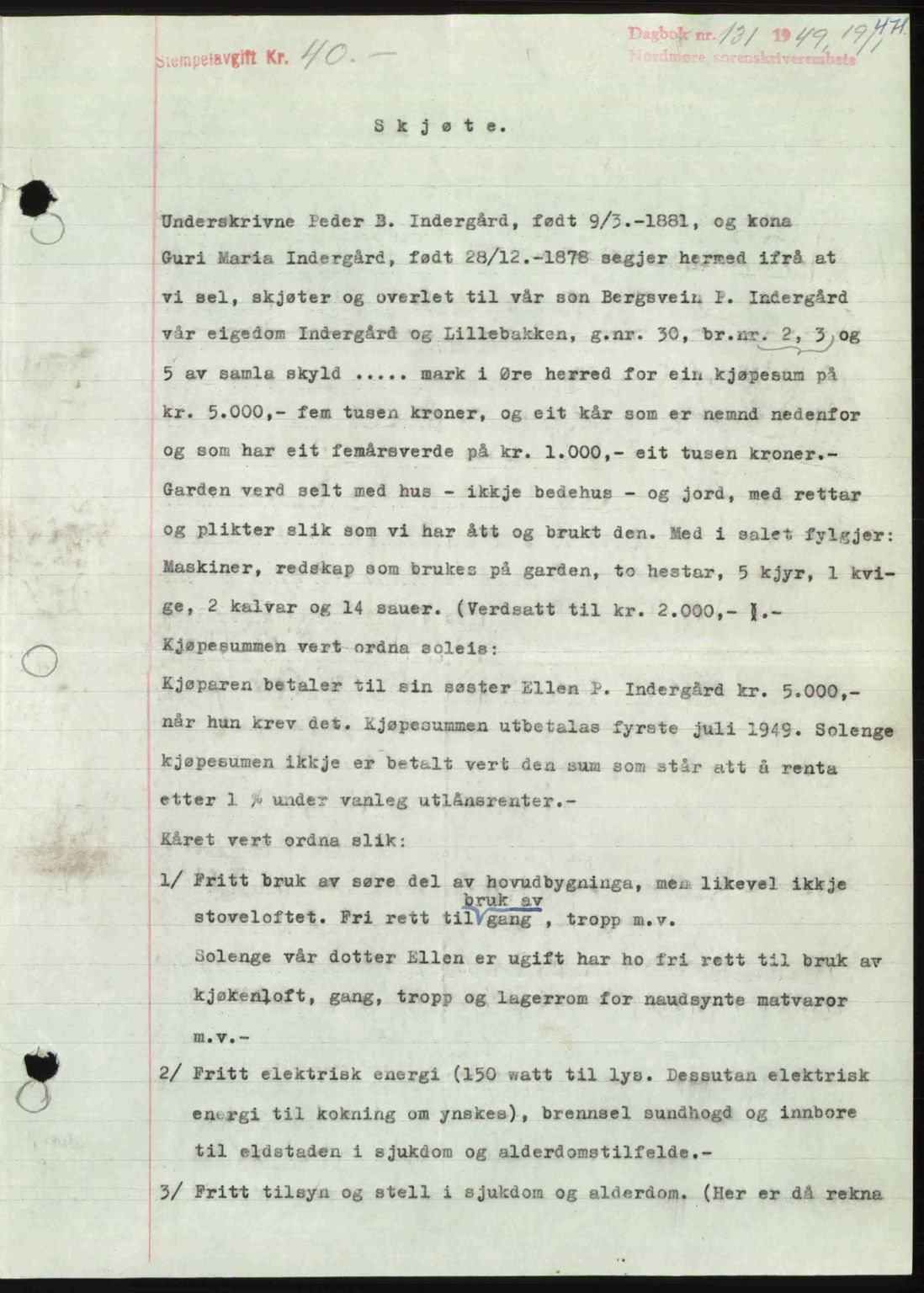 Nordmøre sorenskriveri, SAT/A-4132/1/2/2Ca: Pantebok nr. A110, 1948-1949, Dagboknr: 131/1949