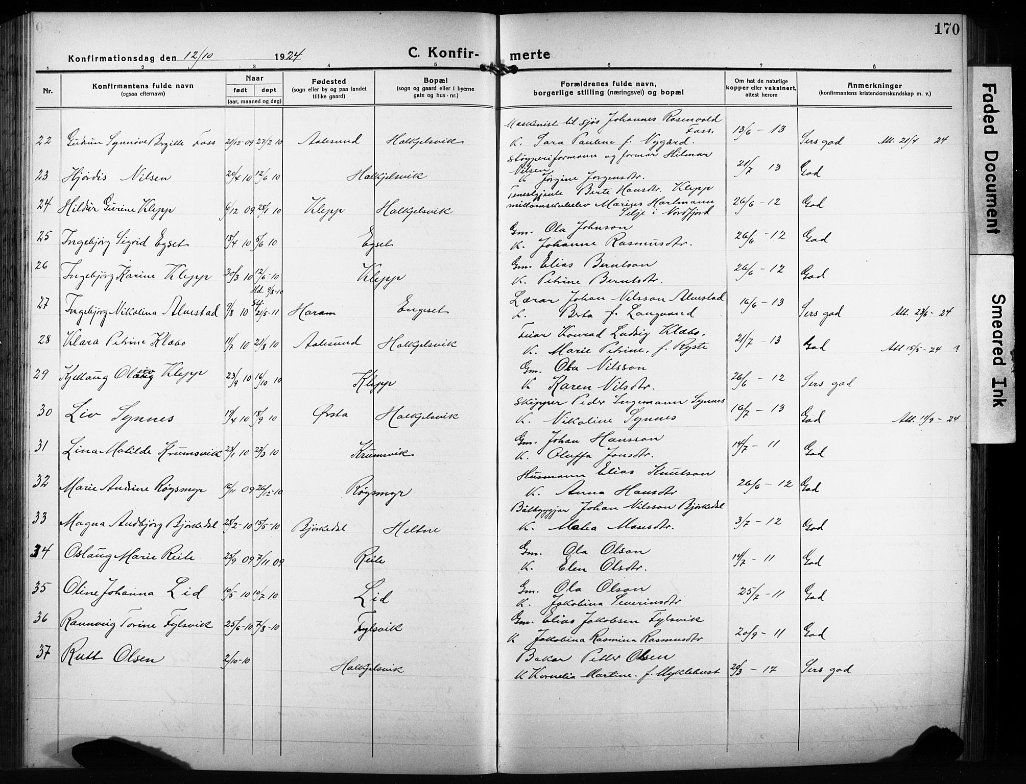 Ministerialprotokoller, klokkerbøker og fødselsregistre - Møre og Romsdal, AV/SAT-A-1454/511/L0160: Klokkerbok nr. 511C06, 1920-1932, s. 170