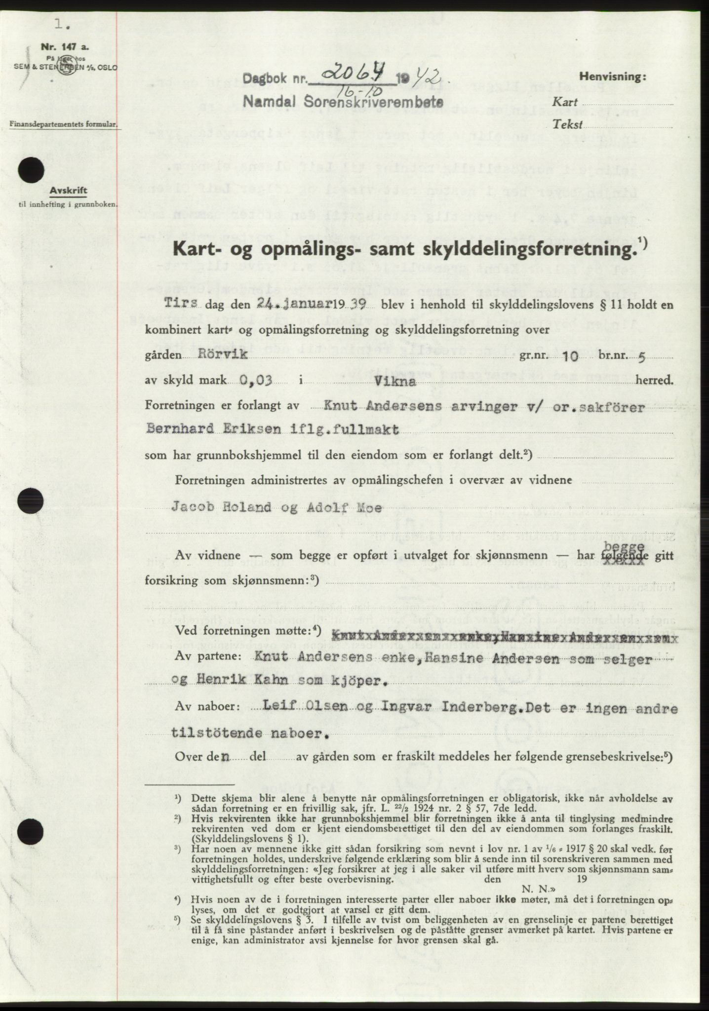 Namdal sorenskriveri, SAT/A-4133/1/2/2C: Pantebok nr. -, 1942-1943, Dagboknr: 2064/1942