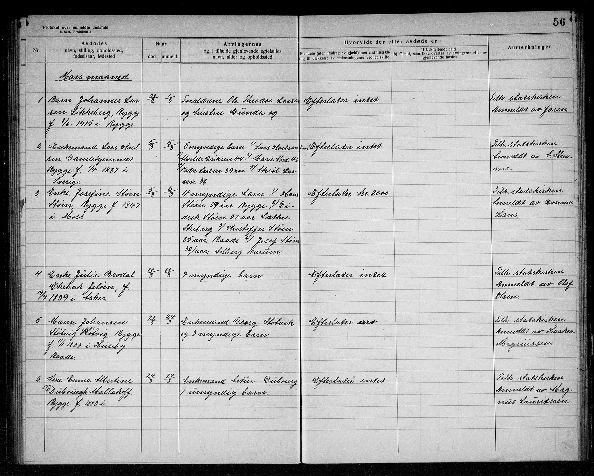 Rygge lensmannskontor, AV/SAO-A-10005/H/Ha/Haa/L0006: Dødsfallsprotokoll, 1916-1920, s. 56