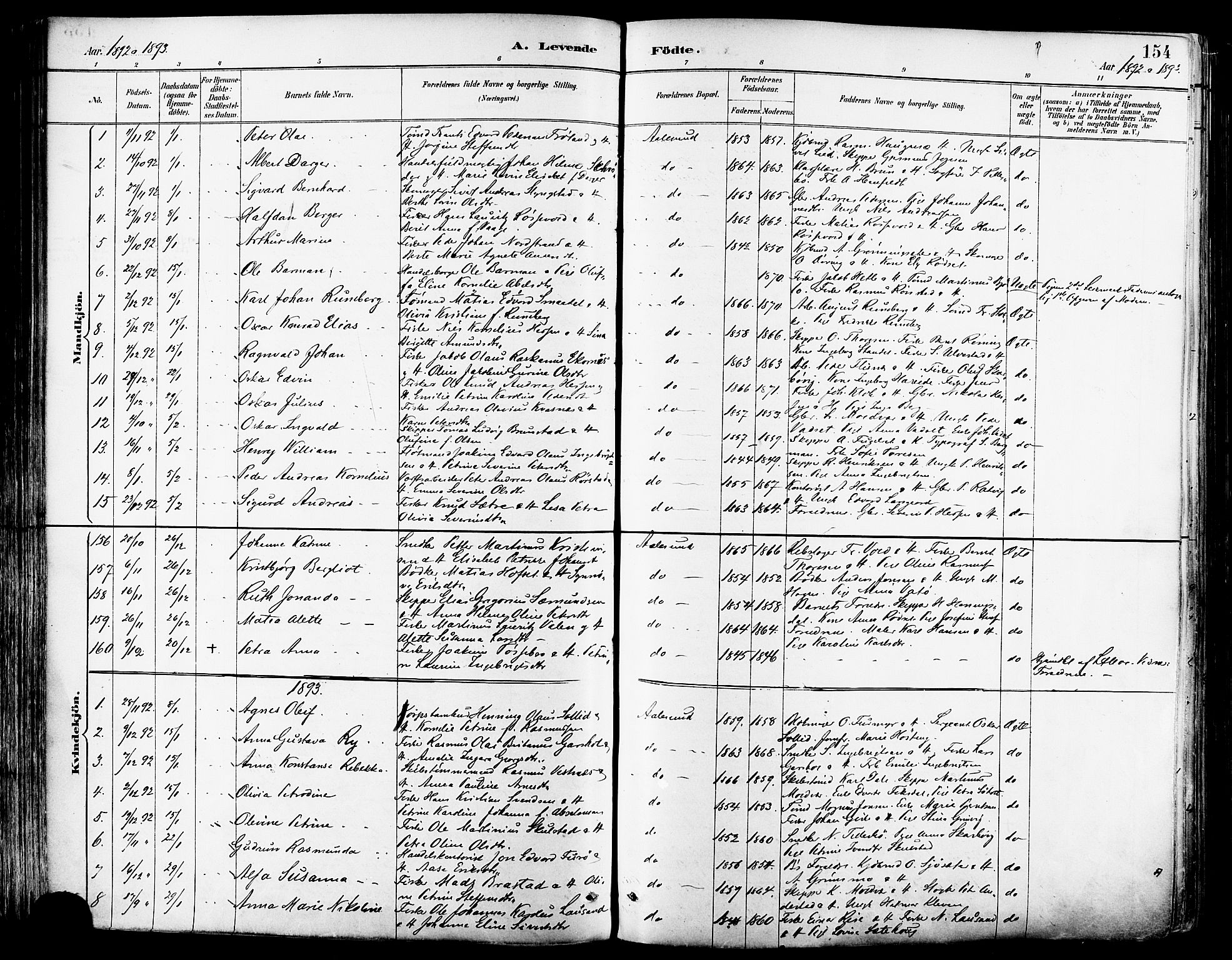 Ministerialprotokoller, klokkerbøker og fødselsregistre - Møre og Romsdal, AV/SAT-A-1454/529/L0455: Ministerialbok nr. 529A05, 1885-1893, s. 154