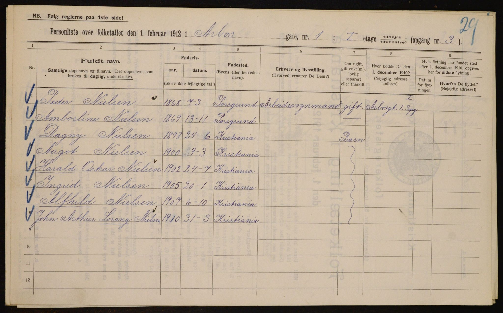 OBA, Kommunal folketelling 1.2.1912 for Kristiania, 1912, s. 1678