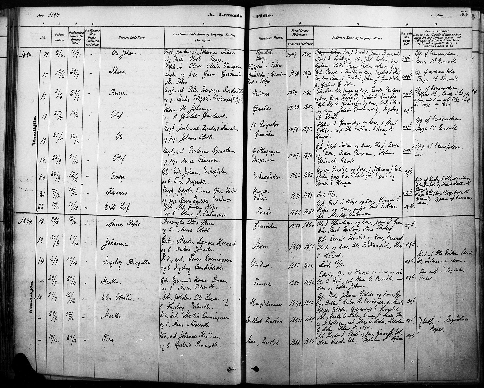 Rendalen prestekontor, AV/SAH-PREST-054/H/Ha/Haa/L0009: Ministerialbok nr. 9, 1878-1901, s. 55