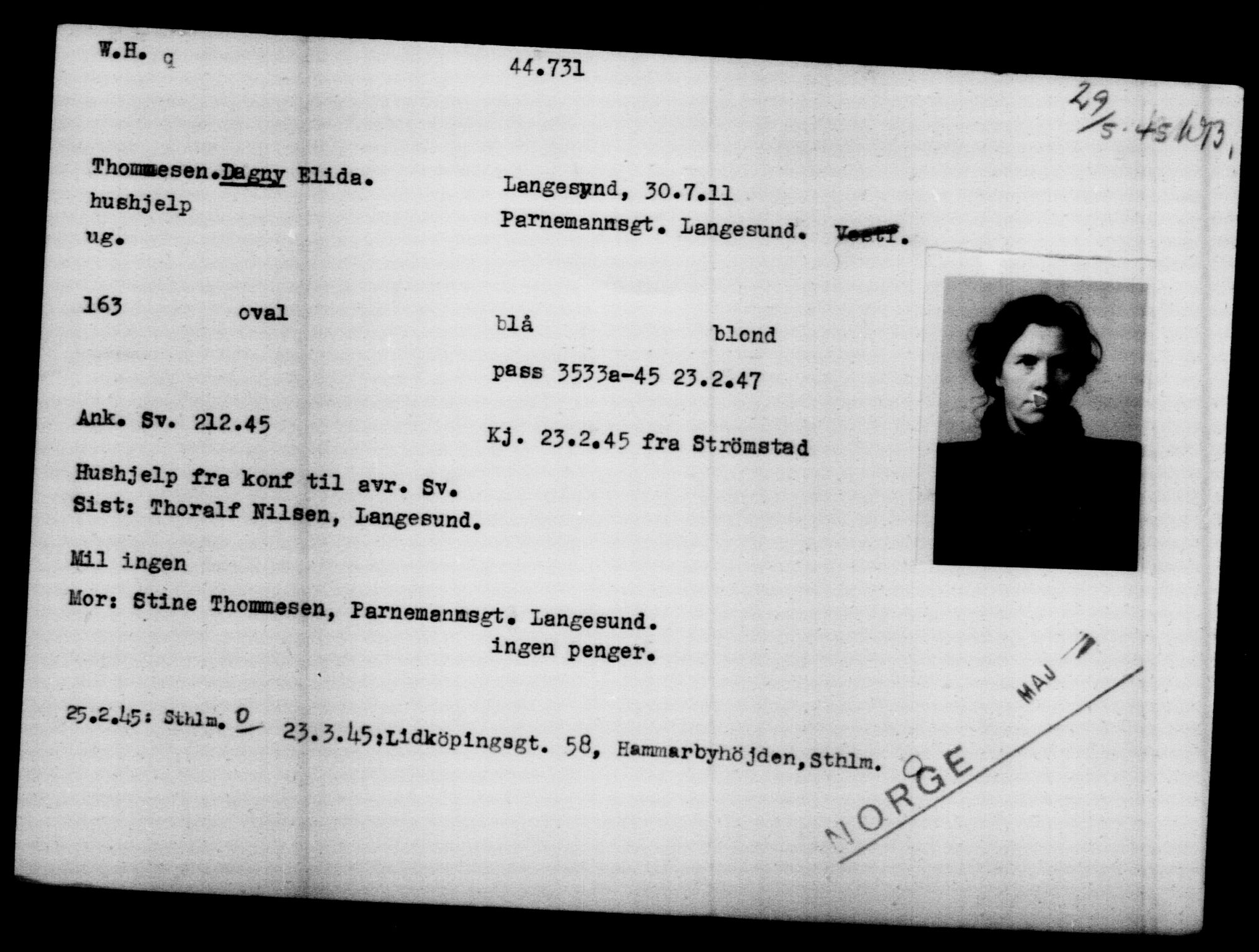 Utenriksstasjonene, Legasjonen i Stockholm, Flyktningkontoret, AV/RA-S-6753/V/Va/L0017: Kjesäterkartoteket, flyktninger med registreringsnr. 43400-46318, 1940-1945, s. 1397