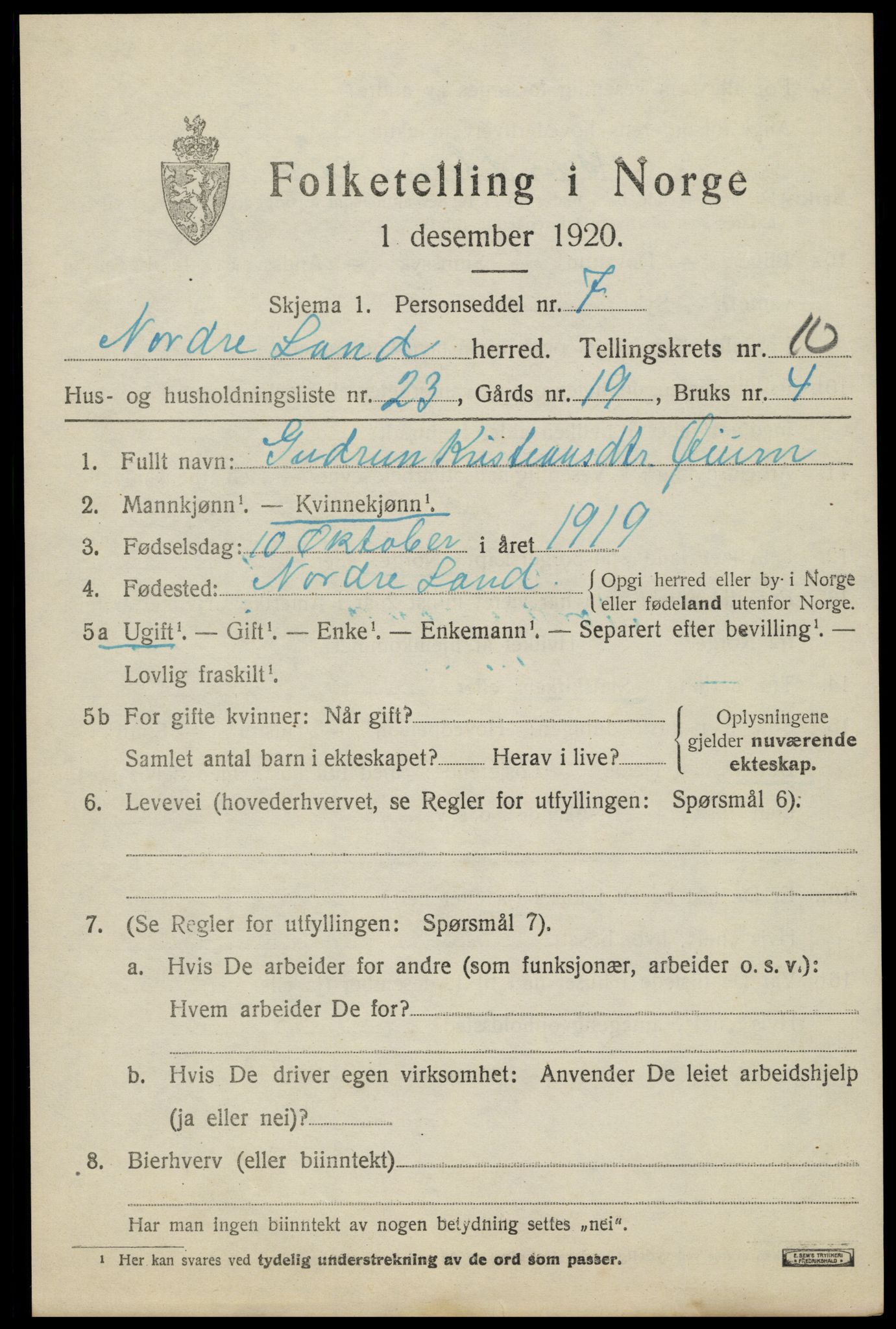 SAH, Folketelling 1920 for 0538 Nordre Land herred, 1920, s. 5498