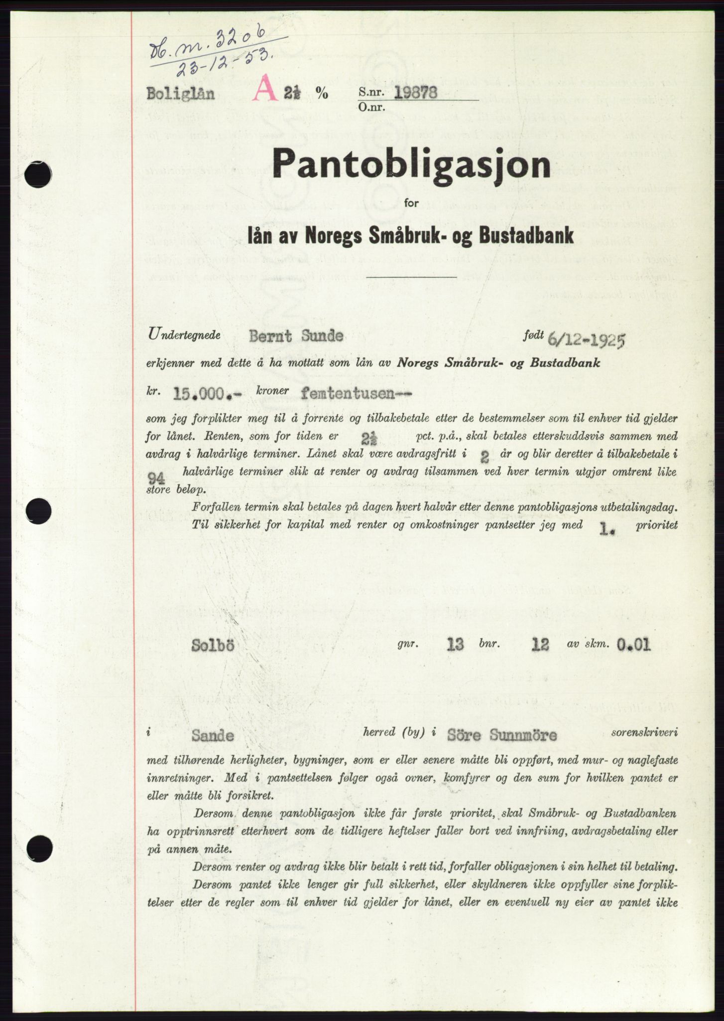 Søre Sunnmøre sorenskriveri, SAT/A-4122/1/2/2C/L0124: Pantebok nr. 12B, 1953-1954, Dagboknr: 3206/1953