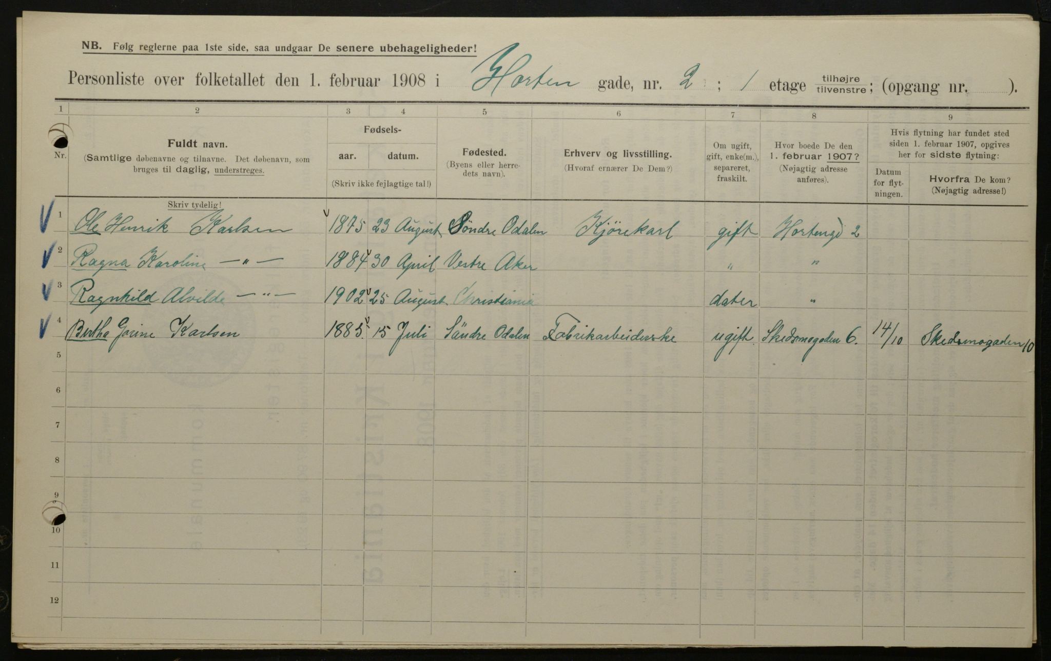 OBA, Kommunal folketelling 1.2.1908 for Kristiania kjøpstad, 1908, s. 37241