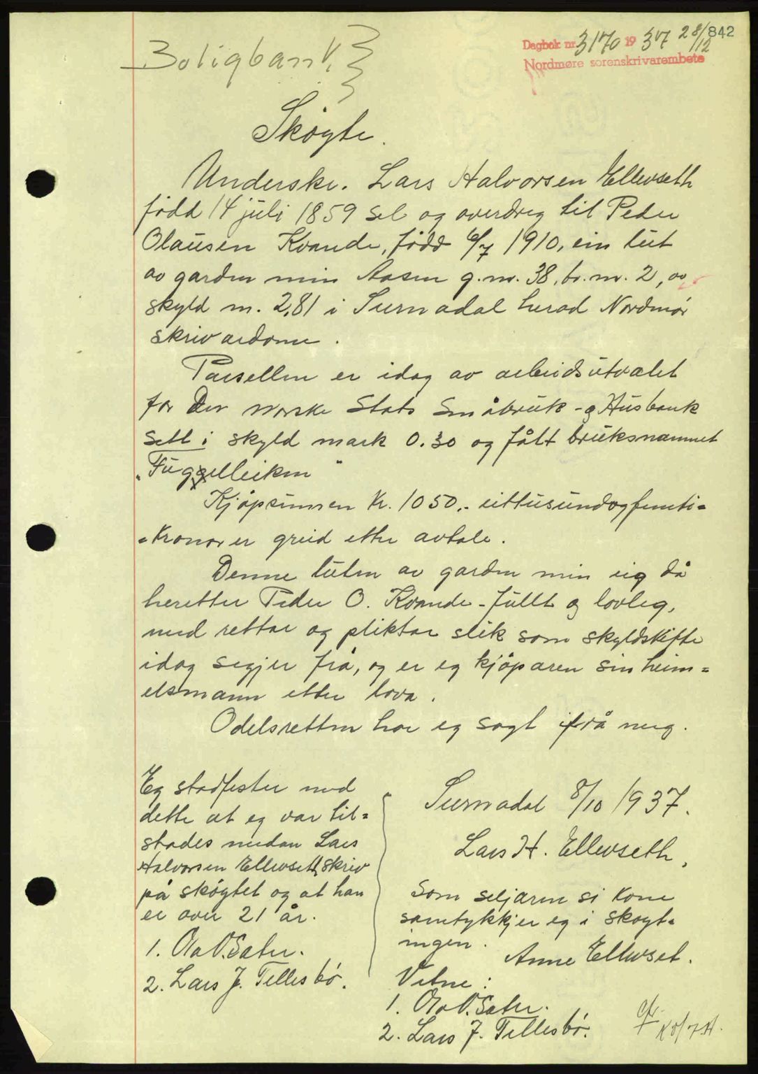 Nordmøre sorenskriveri, SAT/A-4132/1/2/2Ca: Pantebok nr. A82, 1937-1938, Dagboknr: 3170/1937