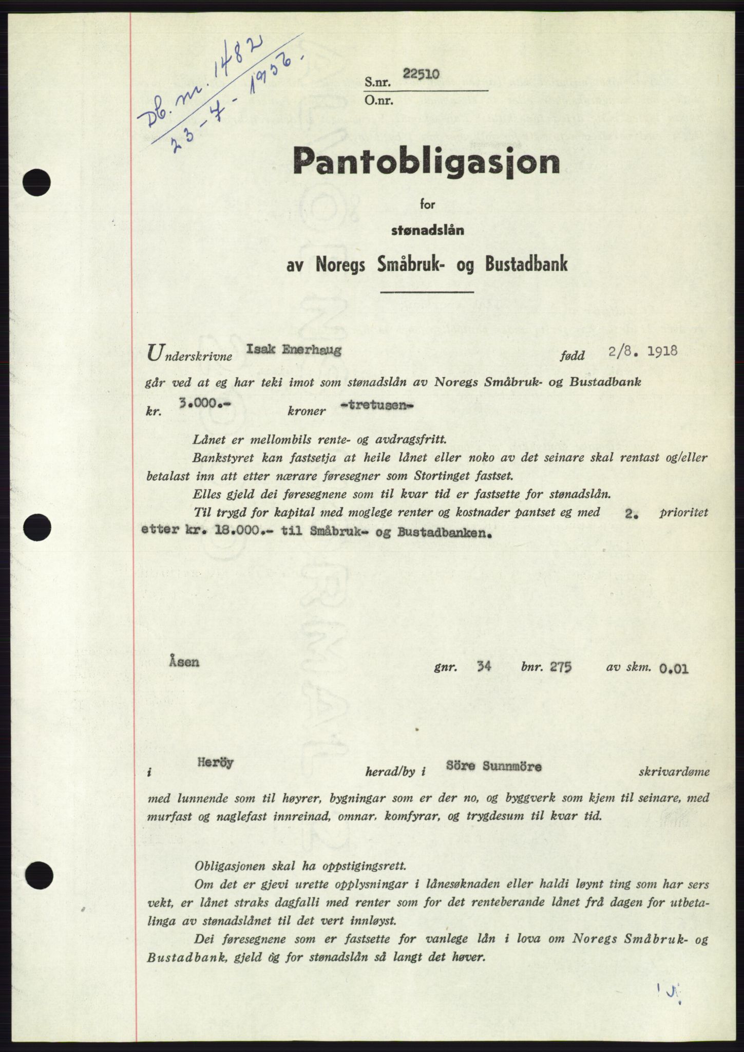 Søre Sunnmøre sorenskriveri, SAT/A-4122/1/2/2C/L0128: Pantebok nr. 16B, 1956-1956, Dagboknr: 1482/1956