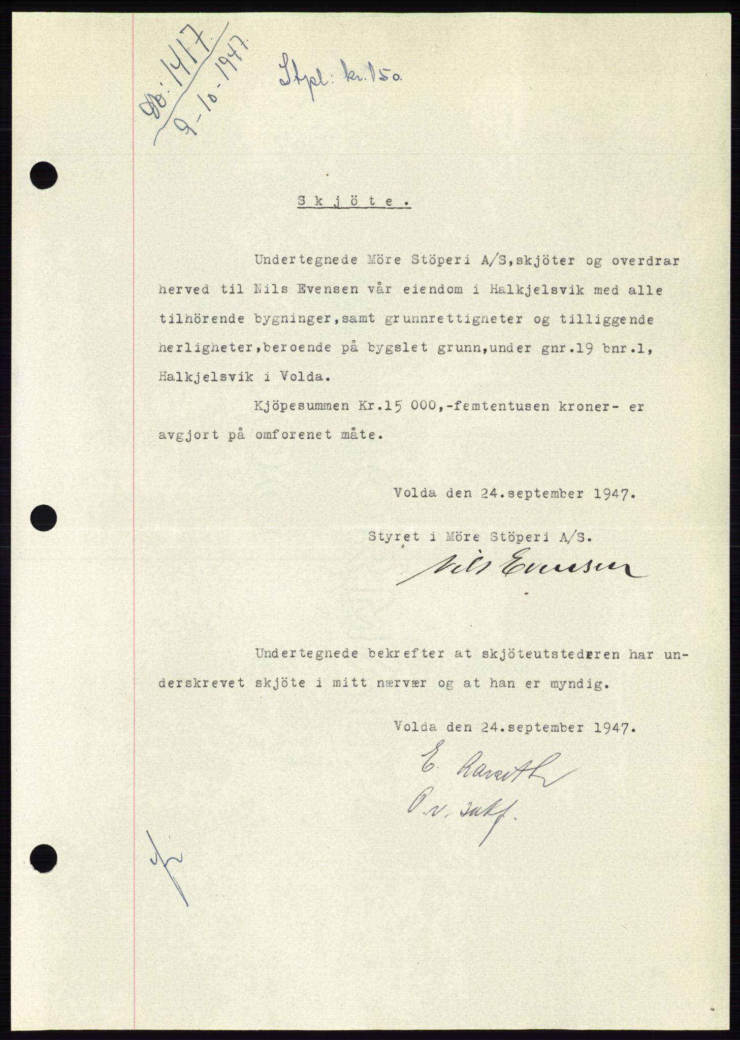 Søre Sunnmøre sorenskriveri, SAT/A-4122/1/2/2C/L0081: Pantebok nr. 7A, 1947-1948, Dagboknr: 1417/1947
