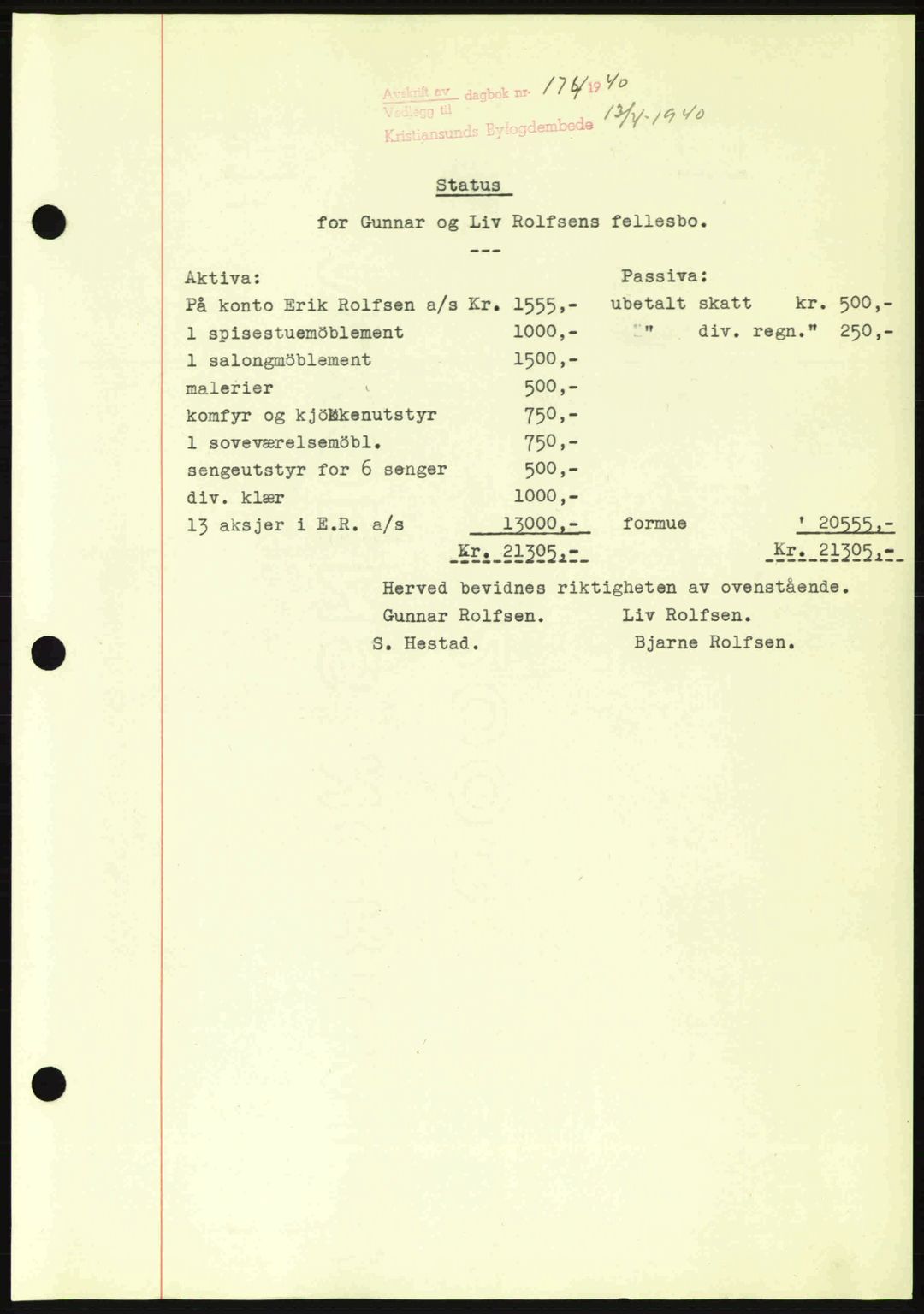 Kristiansund byfogd, AV/SAT-A-4587/A/27: Pantebok nr. 33, 1939-1941, Dagboknr: 174/1940