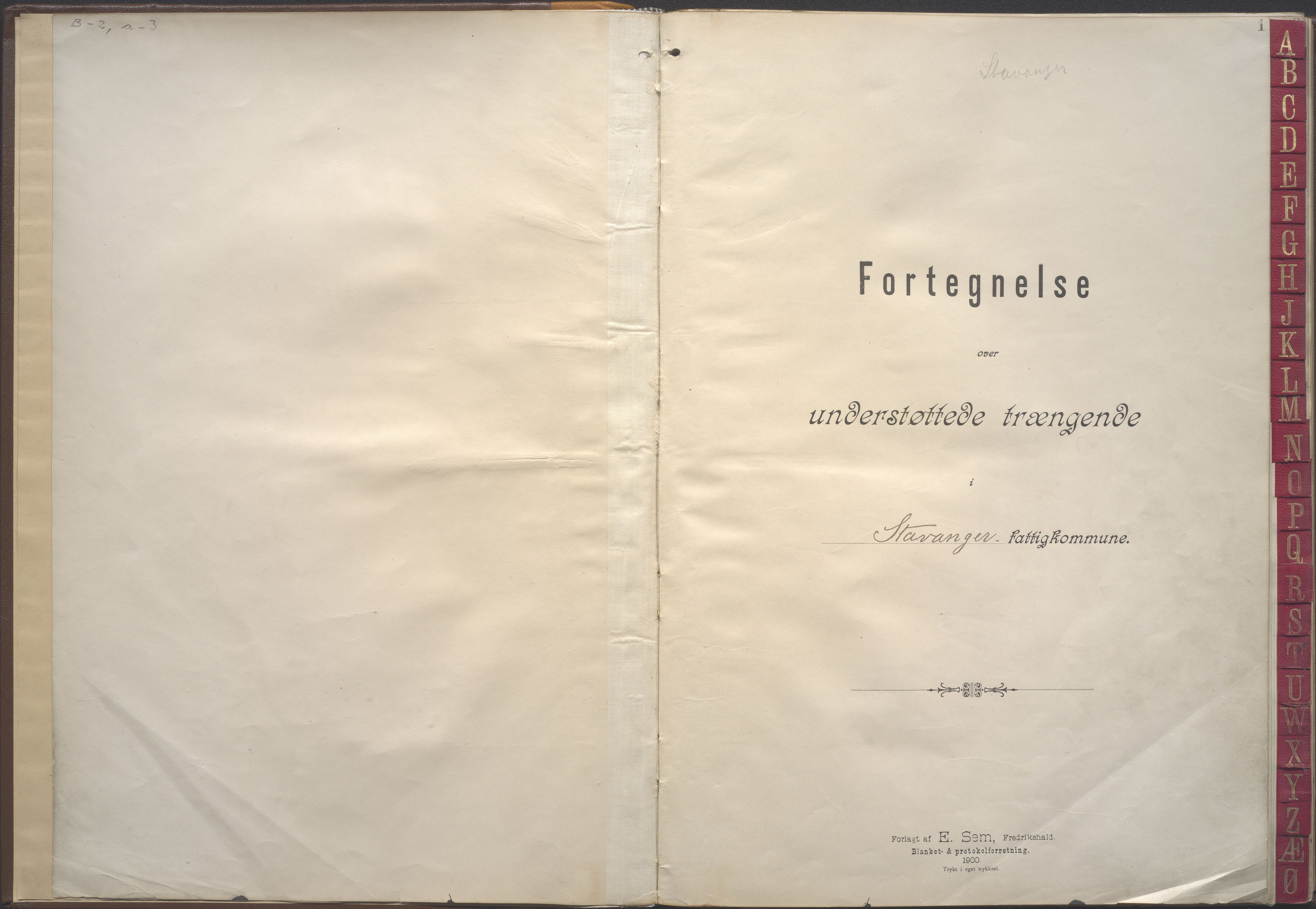 Stavanger kommune. Fattigvesenet, BYST/A-0019/F/Fe/L0012: Manntallsprotokoll for fattigunderstøttede 2. avd. Midlertidig understøttede over 15 år, 1901-1903