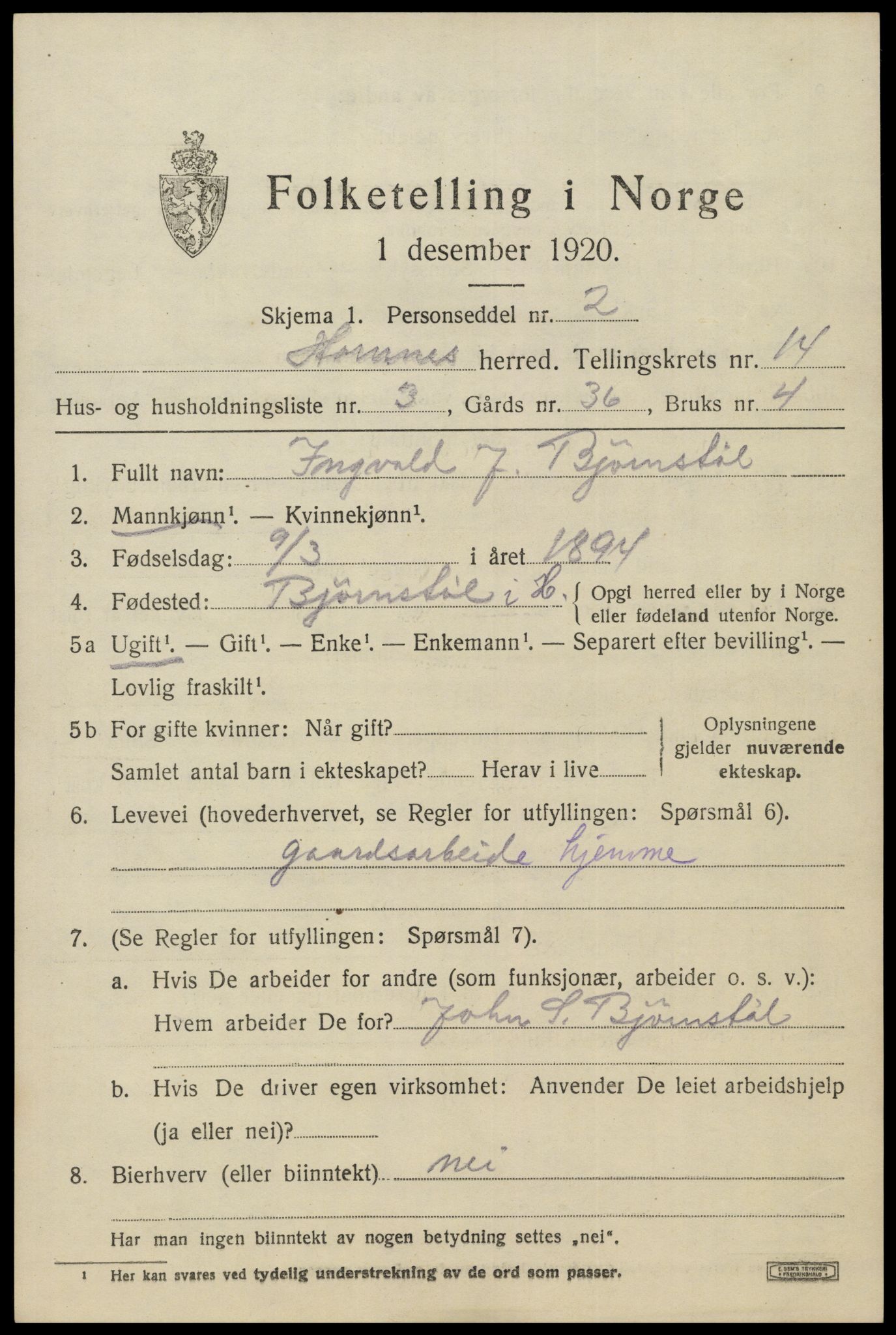 SAK, Folketelling 1920 for 0936 Hornnes herred, 1920, s. 3269