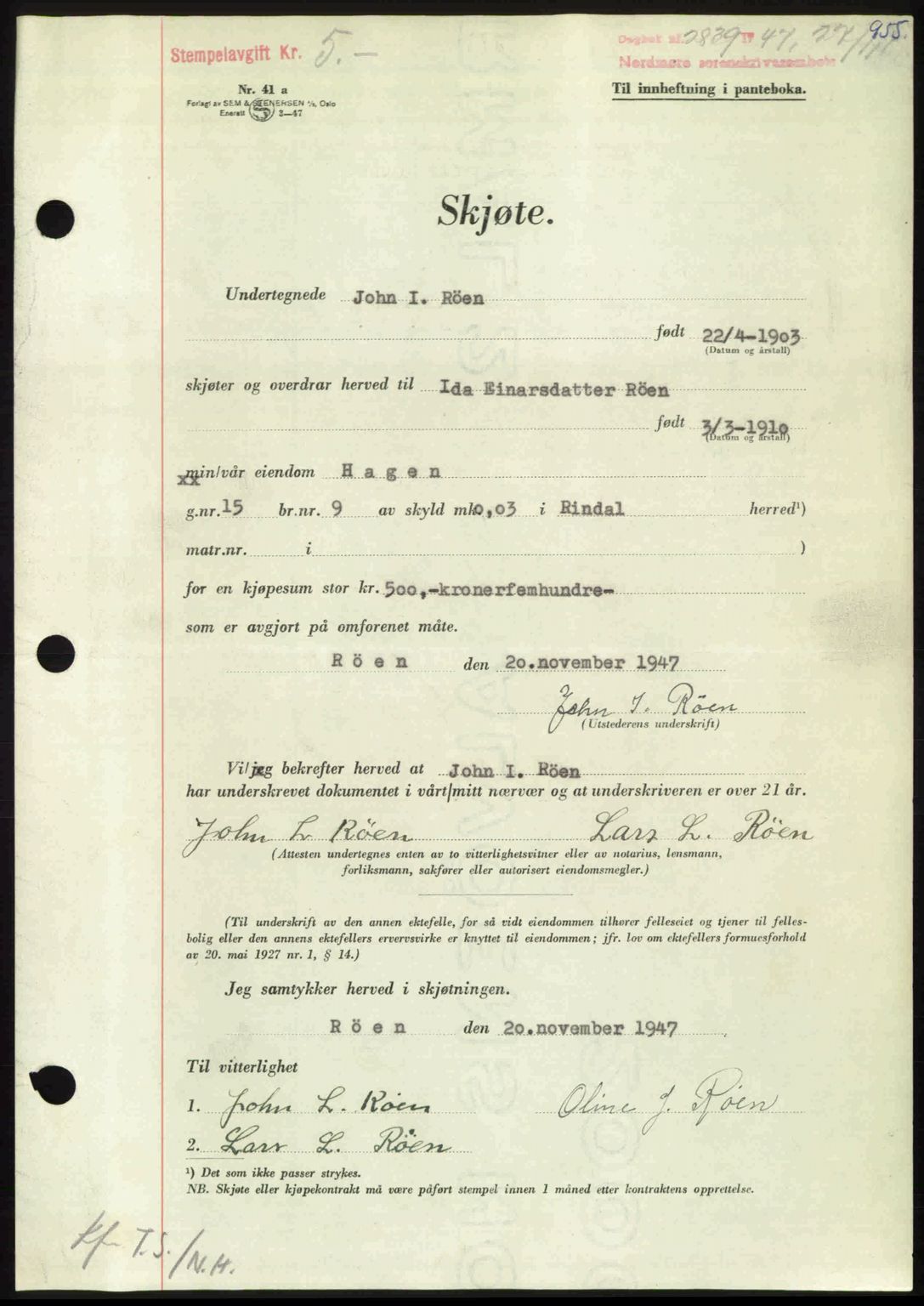 Nordmøre sorenskriveri, AV/SAT-A-4132/1/2/2Ca: Pantebok nr. A106, 1947-1947, Dagboknr: 2839/1947