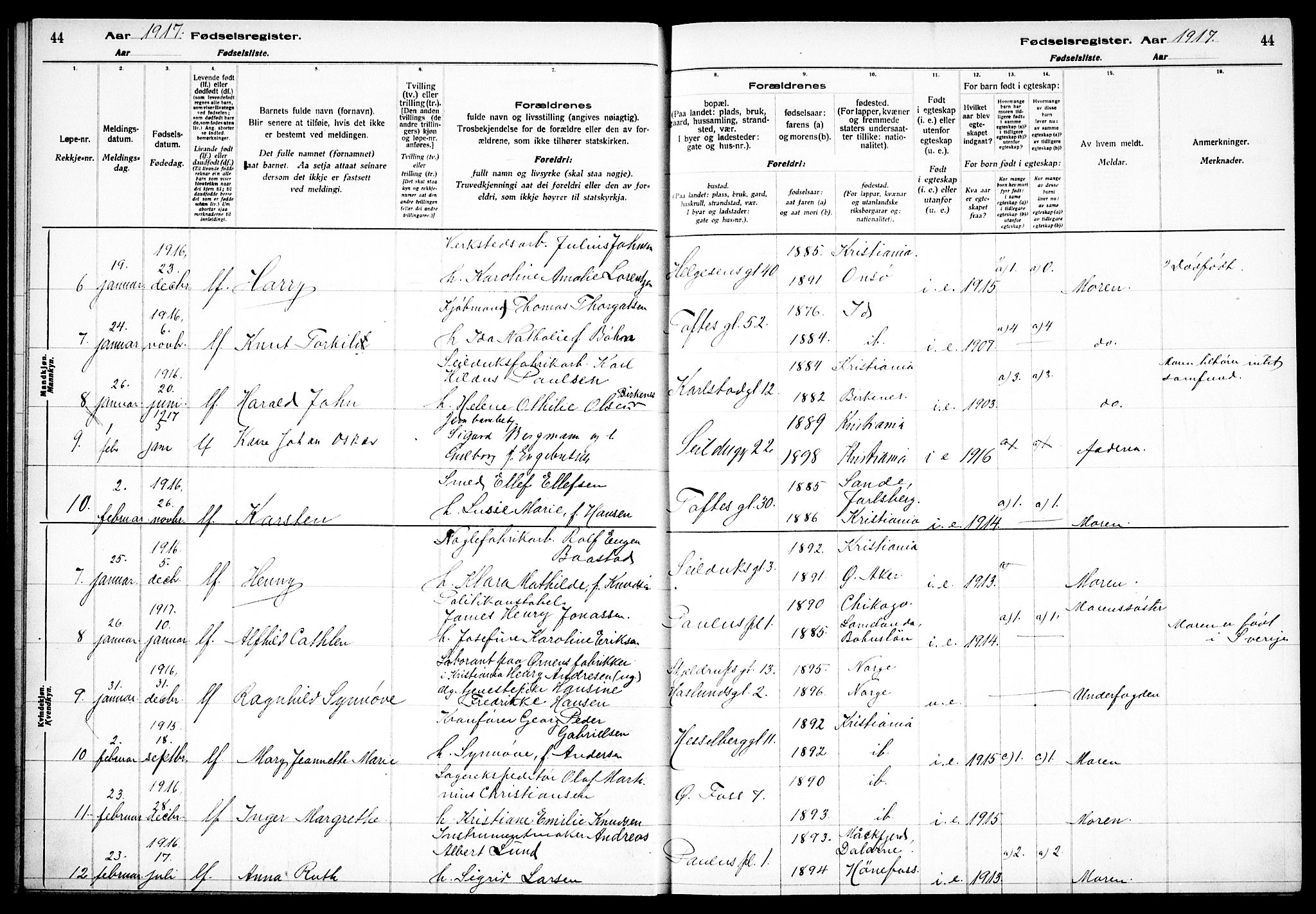 Paulus prestekontor Kirkebøker, SAO/A-10871/J/Ja/L0001: Fødselsregister nr. 1, 1916-1923, s. 44