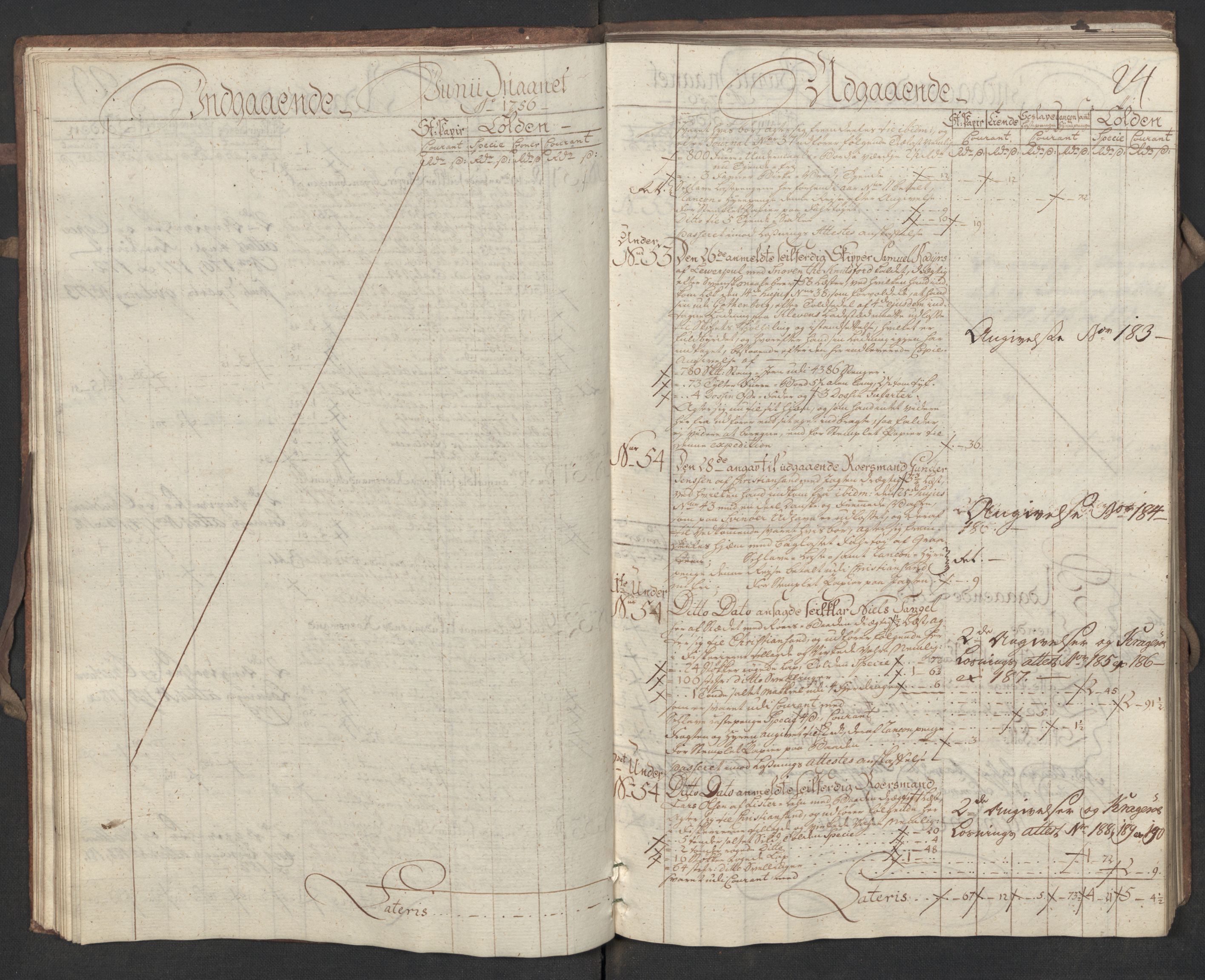 Generaltollkammeret, tollregnskaper, RA/EA-5490/R17/L0017/0002: Tollregnskaper Mandal / Utgående hovedtollbok, 1756, s. 23b-24a