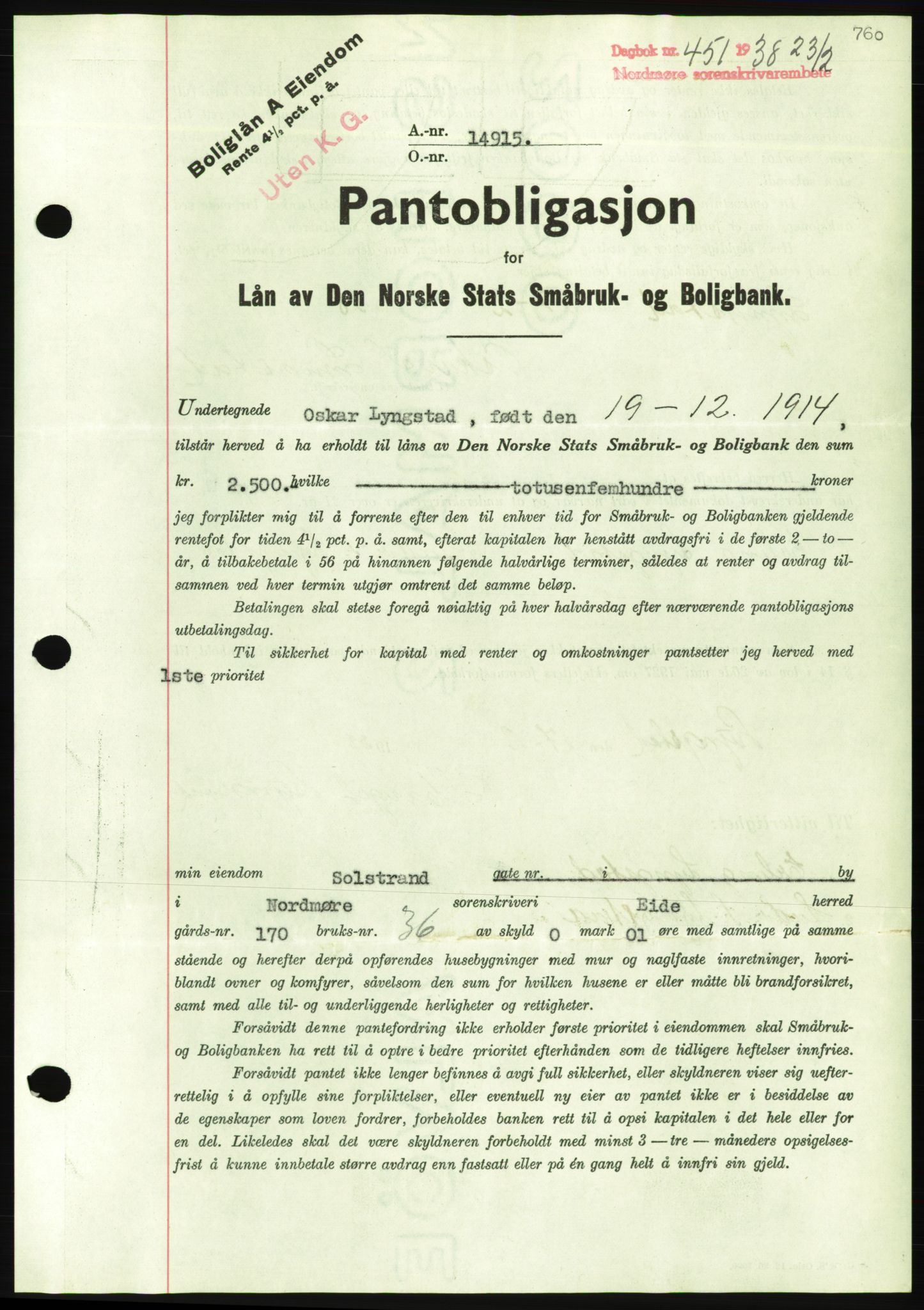 Nordmøre sorenskriveri, AV/SAT-A-4132/1/2/2Ca/L0092: Pantebok nr. B82, 1937-1938, Dagboknr: 451/1938